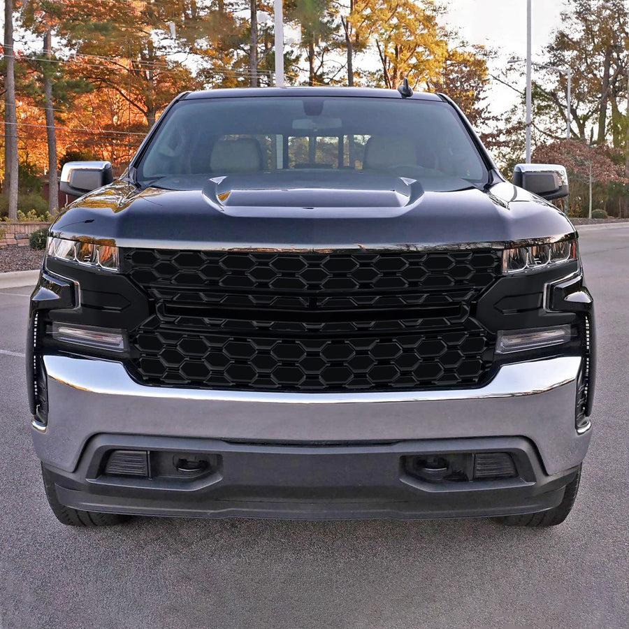 Honeycomb Hood Grille Spec-D Tuning Glossy Black Compatible with 2019-2022 Chevy Silverado 1500 LT