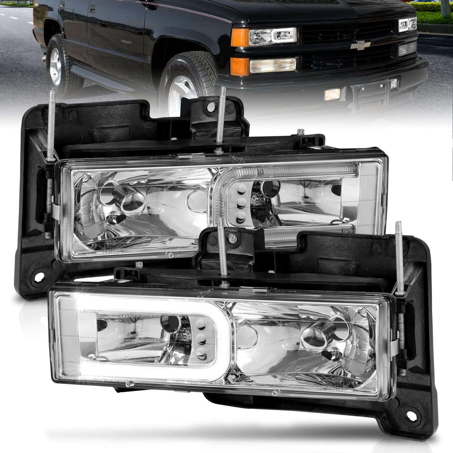 CHEVY/GMC C/K 1500/2500/3500 ANZO USA 88-99 / SUBURBAN/YUKON 92-99 / TAHOE 95-99 / BLAZER 92-94 CRYSTAL C BAR HEADLIGHTS CHROME (BULBS NOT INCLUDED)