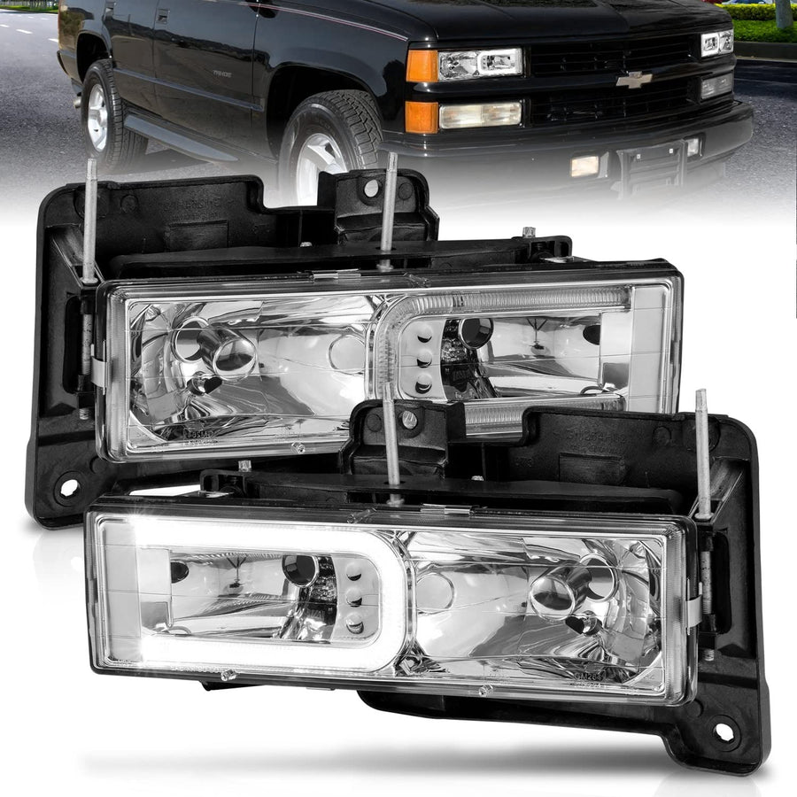 CHEVY/GMC C/K 1500/2500/3500 ANZO USA 88-99 / SUBURBAN/YUKON 92-99 / TAHOE 95-99 / BLAZER 92-94 CRYSTAL C BAR HEADLIGHTS CHROME (BULBS NOT INCLUDED)