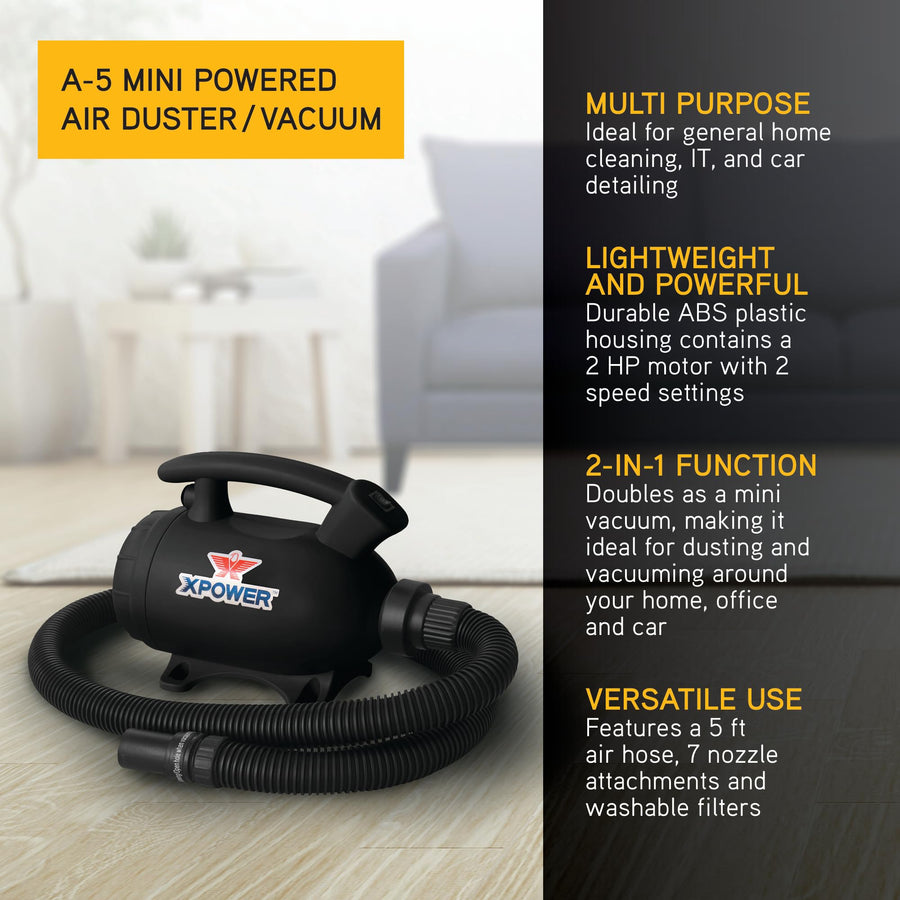 A-5 XPOWER Electric Air Duster for Dusting, Drying, Inflating, Blowing, Vacuuming, Car Detailing, Computer, Leaf Blowing, 100 CFM, 5 Nozzles + 2 Brushes, High Performance Motor, Eco-Friendly