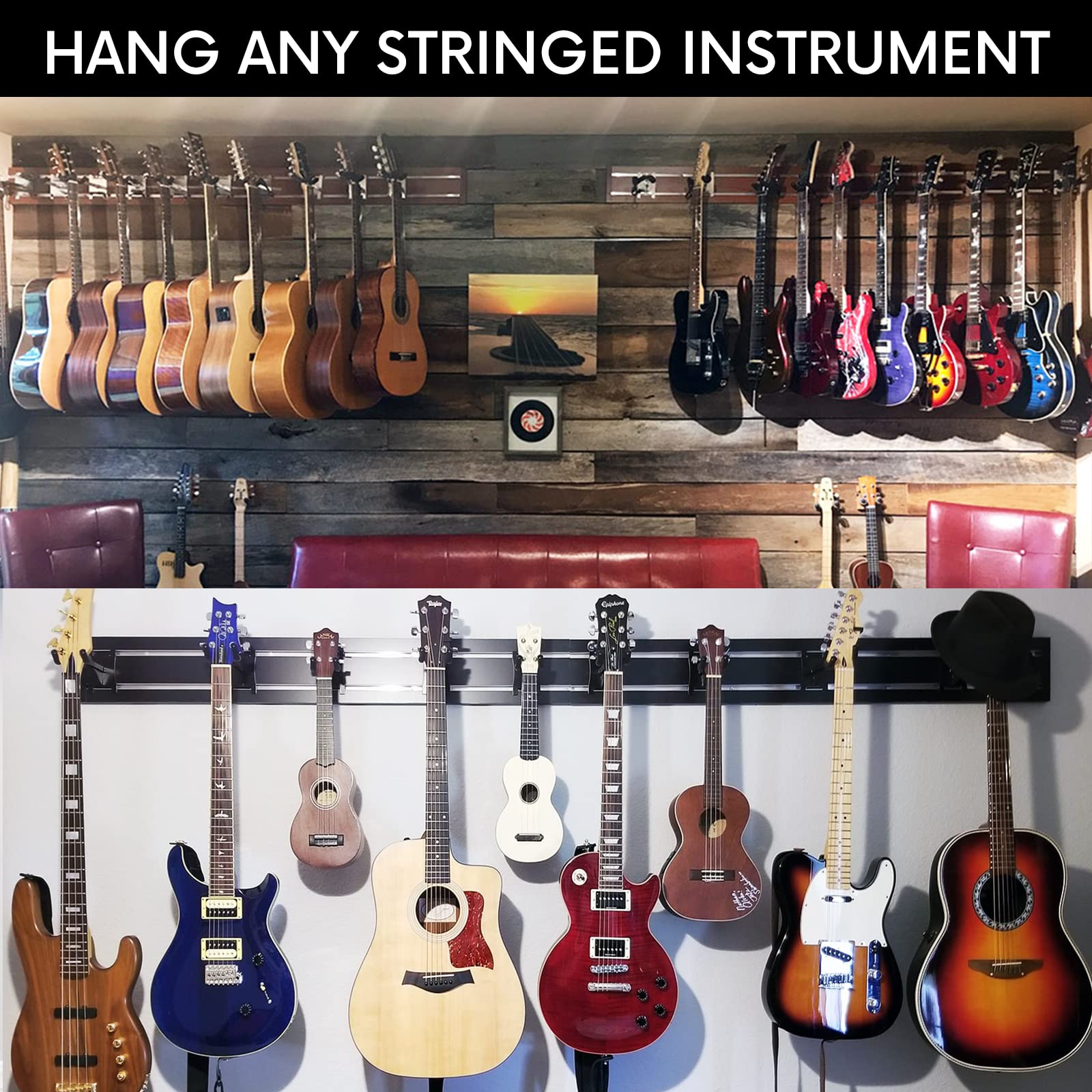 Guitar Wall Mount Horizontal + 8 Guitar Hooks: Guitar Hanger & Guitar Rack Wall Mount Guitar Holder Stand, Ukulele Hangers, Banjo Wall Mount Guitar Accessories & Violin Organizer -95” Black