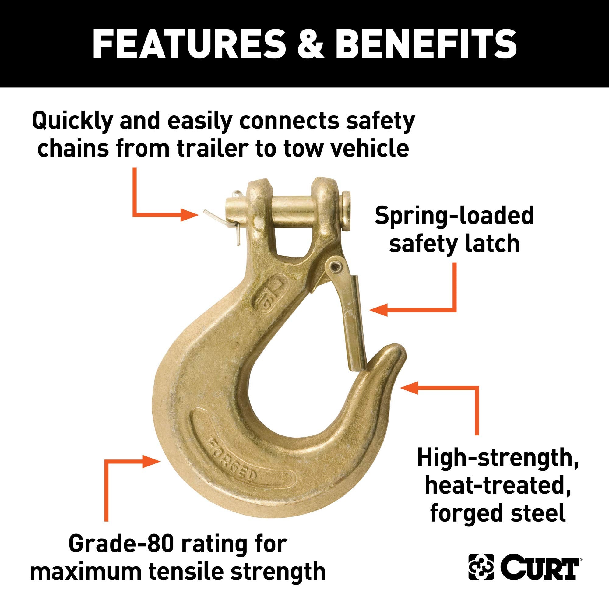CURT 81970 Forged Steel 7/16-Inch Clevis Slip Hook with Safety Latch, 40,000 lbs, 1-1/3-In Opening, 17/32" Pin