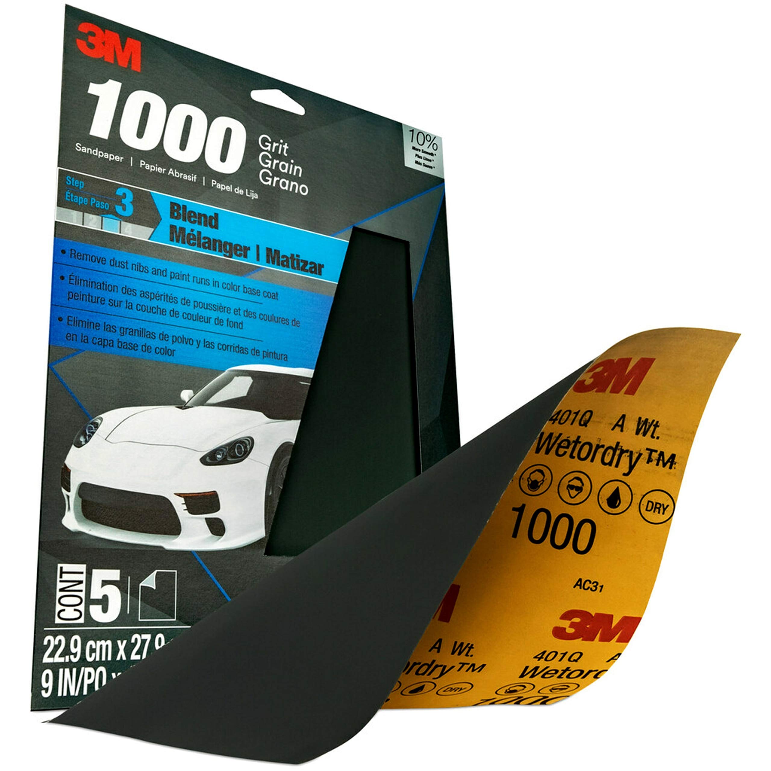 3M Sandpaper Wetordry, 32021, 1000 grit, 9 in x 11 in, 5 Sheets Per Pack