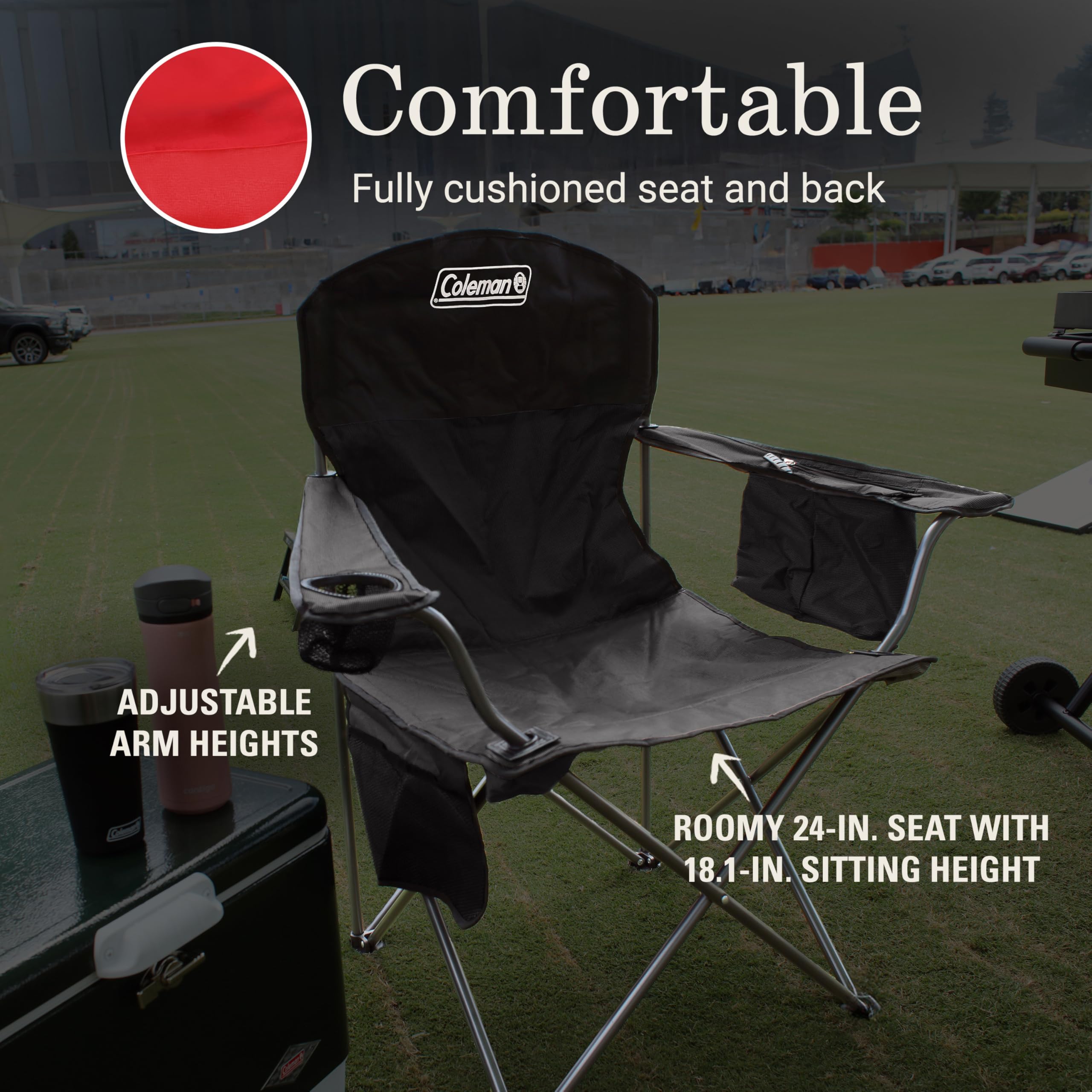 Coleman Camping Chair Portable with 4-Can Cooler, Cushioned Seat & Back with Side Pockets & Cup Holder, Carry Bag Included, Great for Camping, Tailgating, Firepits, Patio, & More
