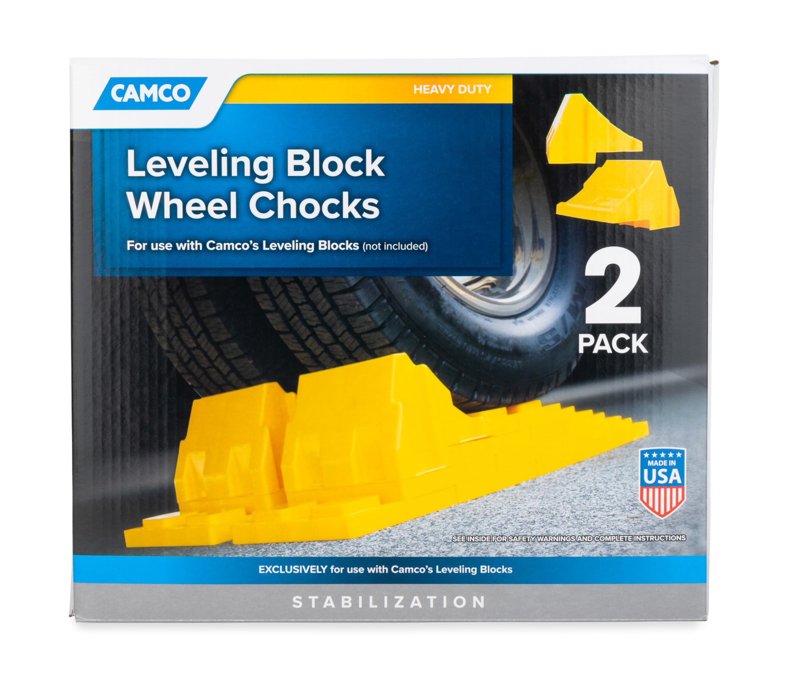 Camco Leveling Block Camper/RV Wheel Chocks - Stabilize & Center Wheels Easier - Helps Eliminate Dangerous Tire Movement - Sized for Larger Vehicle Tires - 2-Pack (44401)