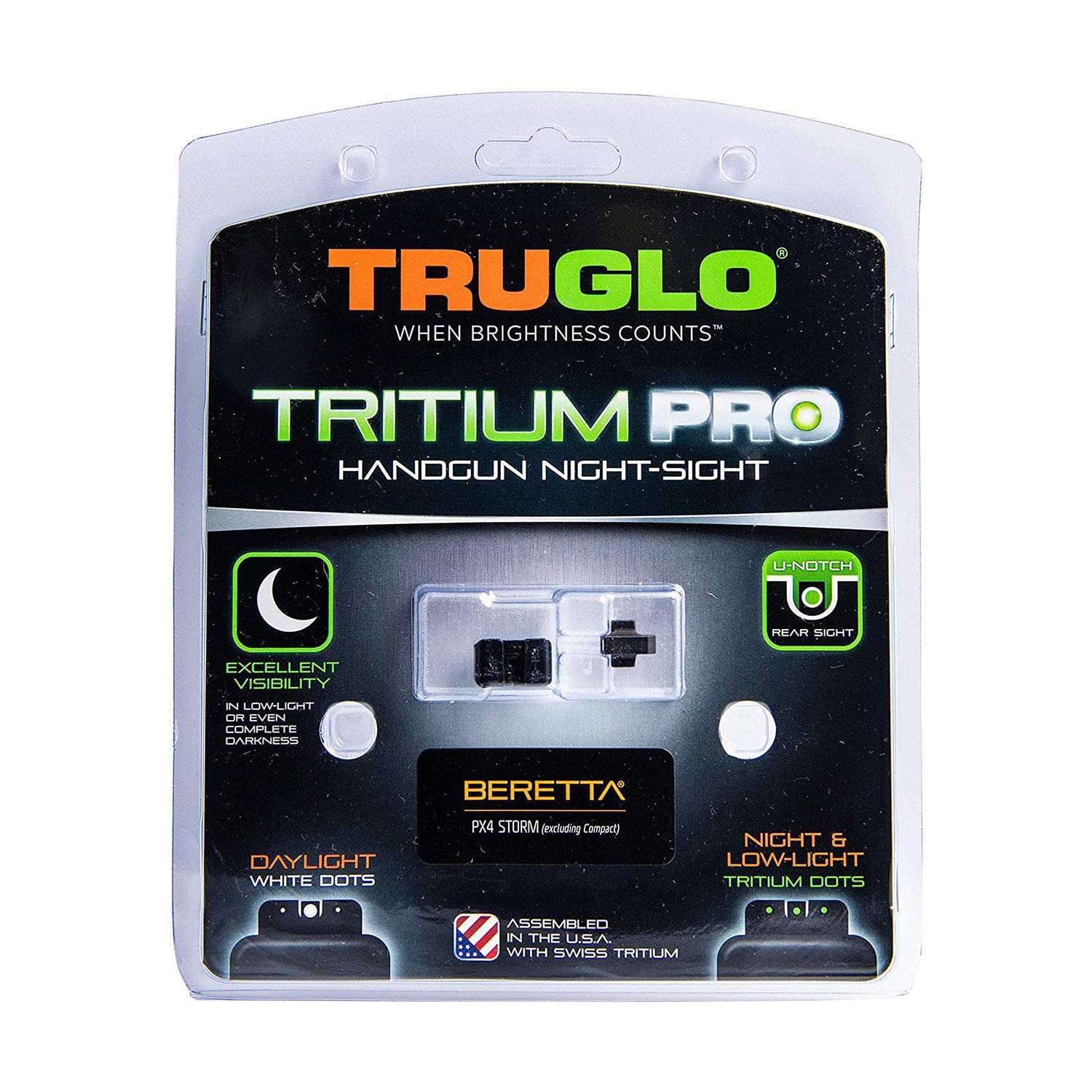 TruGlo Pro Tritium Glow in The Dark Gun Handgun Glock Pistol Laser Sight Accessories with Rear Colors for Beretta PX4 Storm and Green Light, Black
