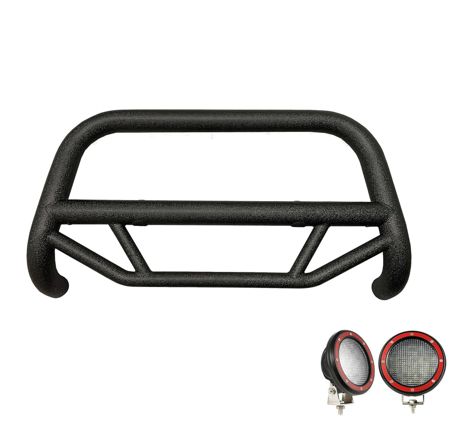 Max T Black Horse Bull Bar Textured Black Come with Pair of 5.3" Dia. LED Flood Lights with Red Trim Rings Compatible with 1999-2006 Chevrolet Silverado 1500|1999-2006 GMC Sierra 1500-MBT-MG703-PLFR