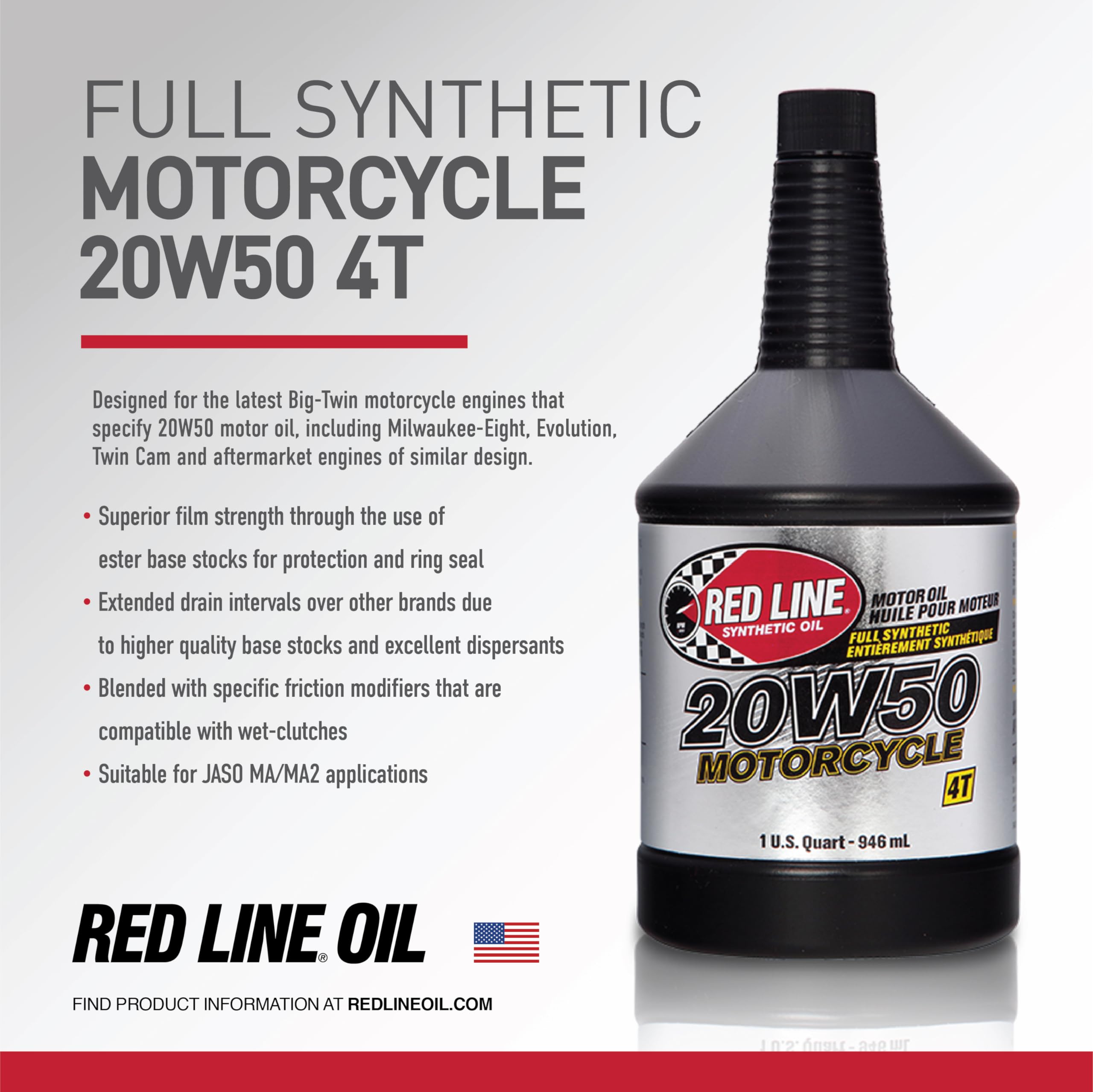 20W50 Red Line Motorcycle Oil Synthetic - Quart