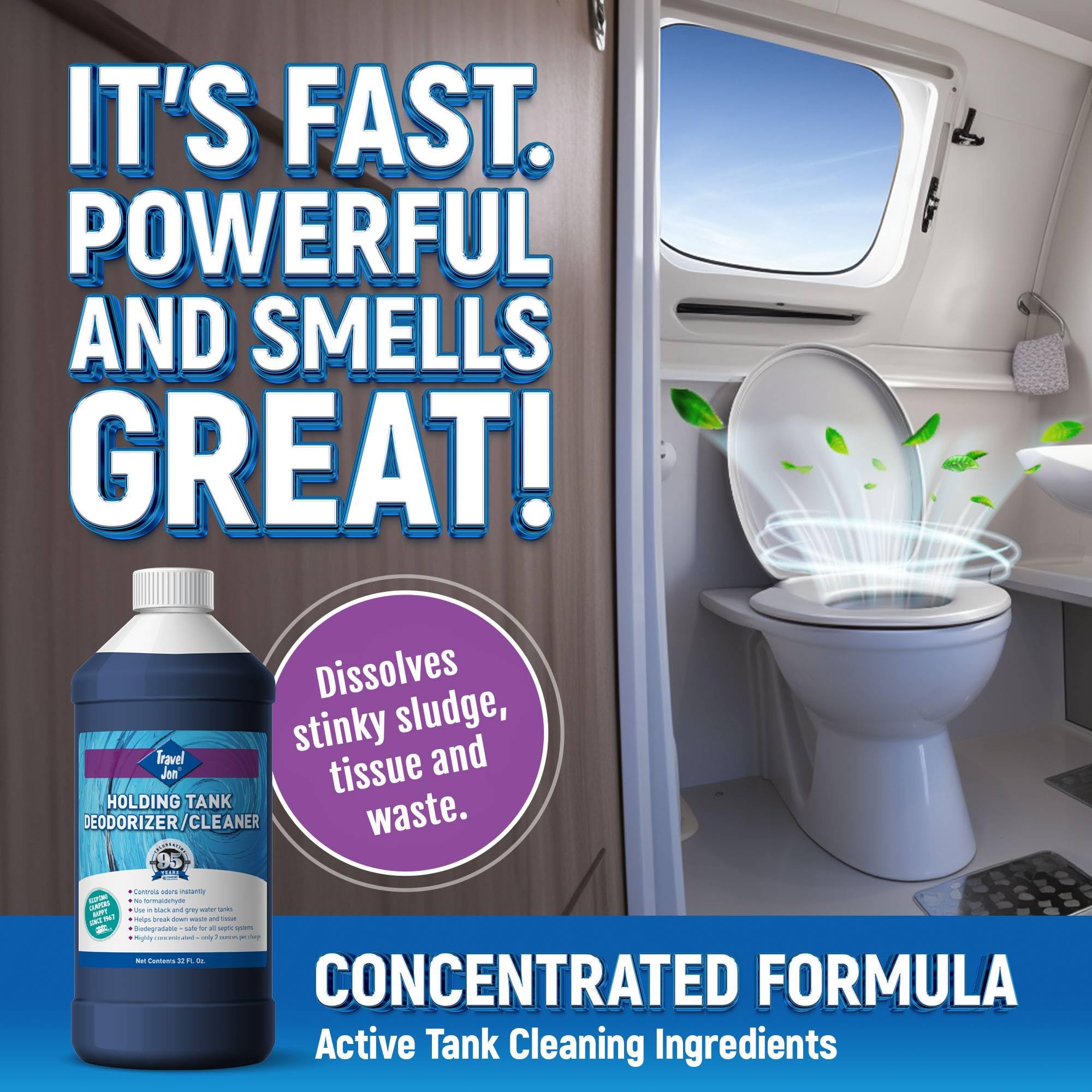 Travel Jon Black & Grey Water Tank Treatment RV, Powerful Deodorizer/Waste Digester, Waste Tank Odor Eliminator, Breaks Down Sludge, Tissue | Fresh Scent - (32 oz)
