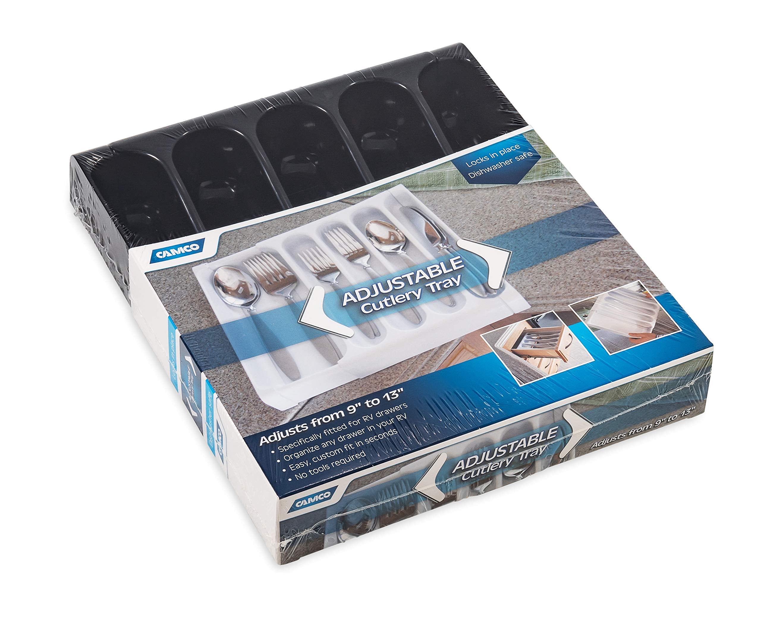 Camco RV Adjustable Cutlery Tray 43504, Black - Organize and Store Your Kitchen Flatware - Create a Custom Fit to Your Drawer