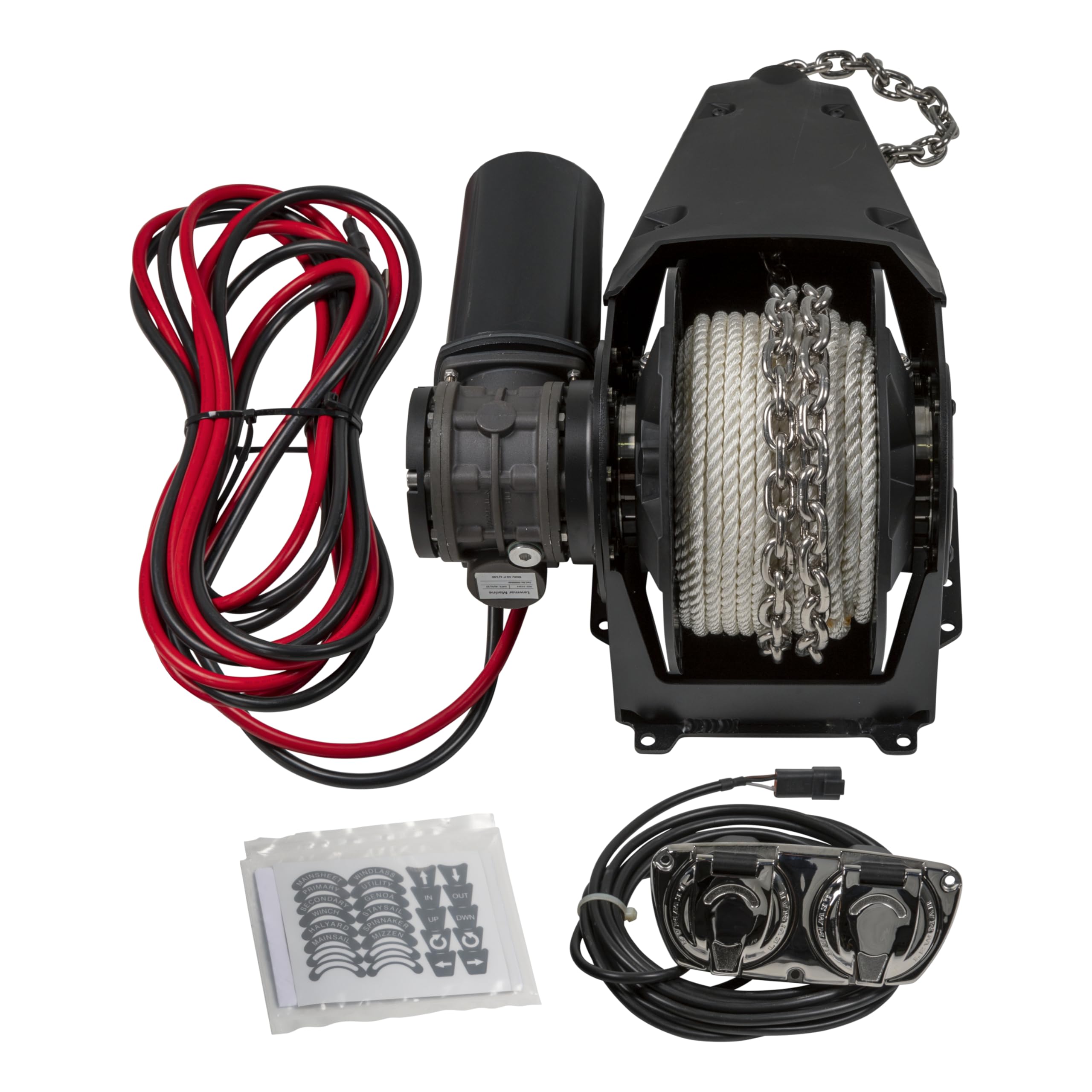 Lewmar Pontoon Anchor Winch Venta, 220 lb. Load Capacity, 92' 3-Strand Rope, 6' Setting Chain, IP66 Rated 400w Motor, Slackline Sensor Cut Off Switch, 88 lb. Ground Tackle, 12V Supply - 69001139