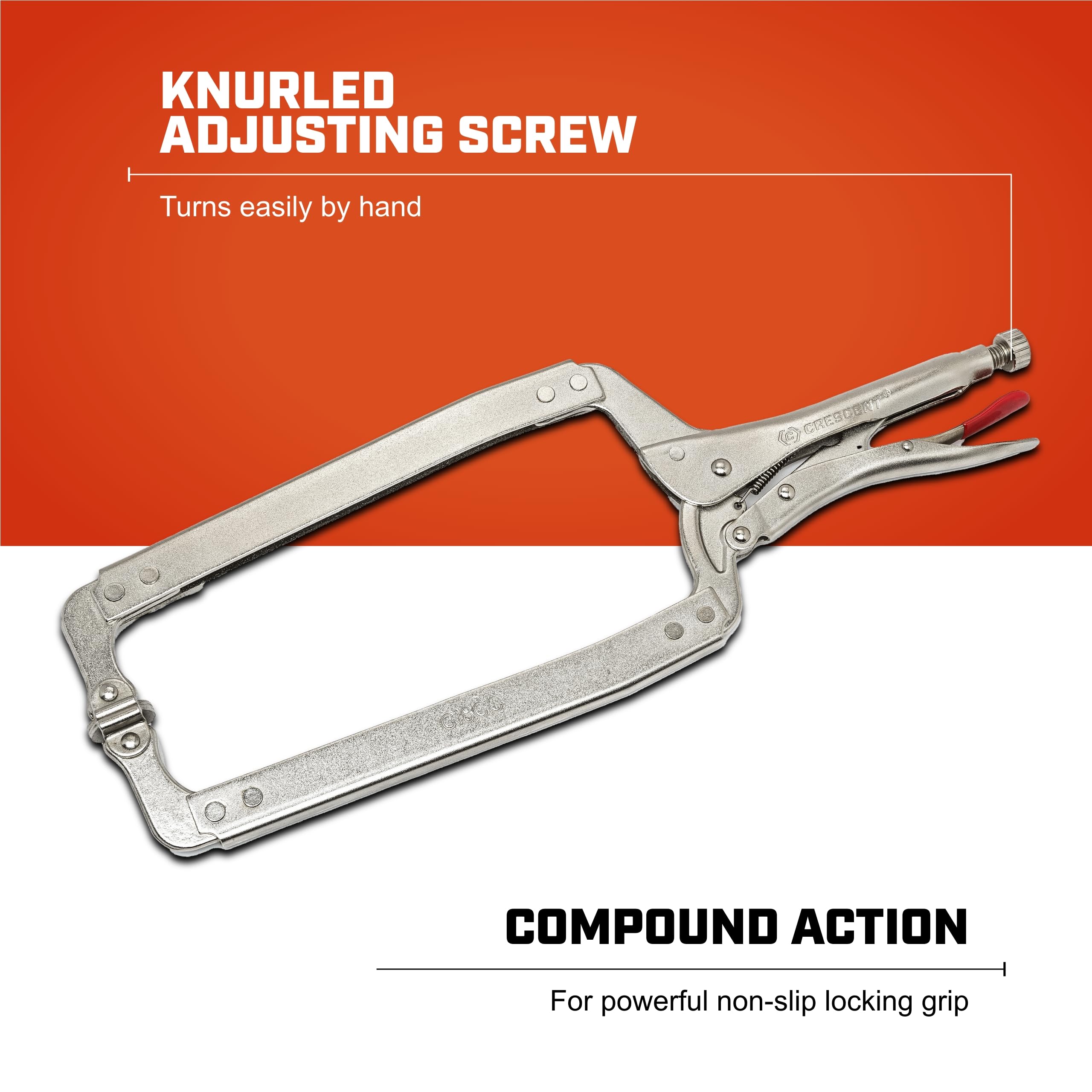 Locking C-Clamp Crescent - Heavy-Duty, Adjustable Metal Clamp with Compound Action & Hex Key Receiver - C18CCSN - 18", Red