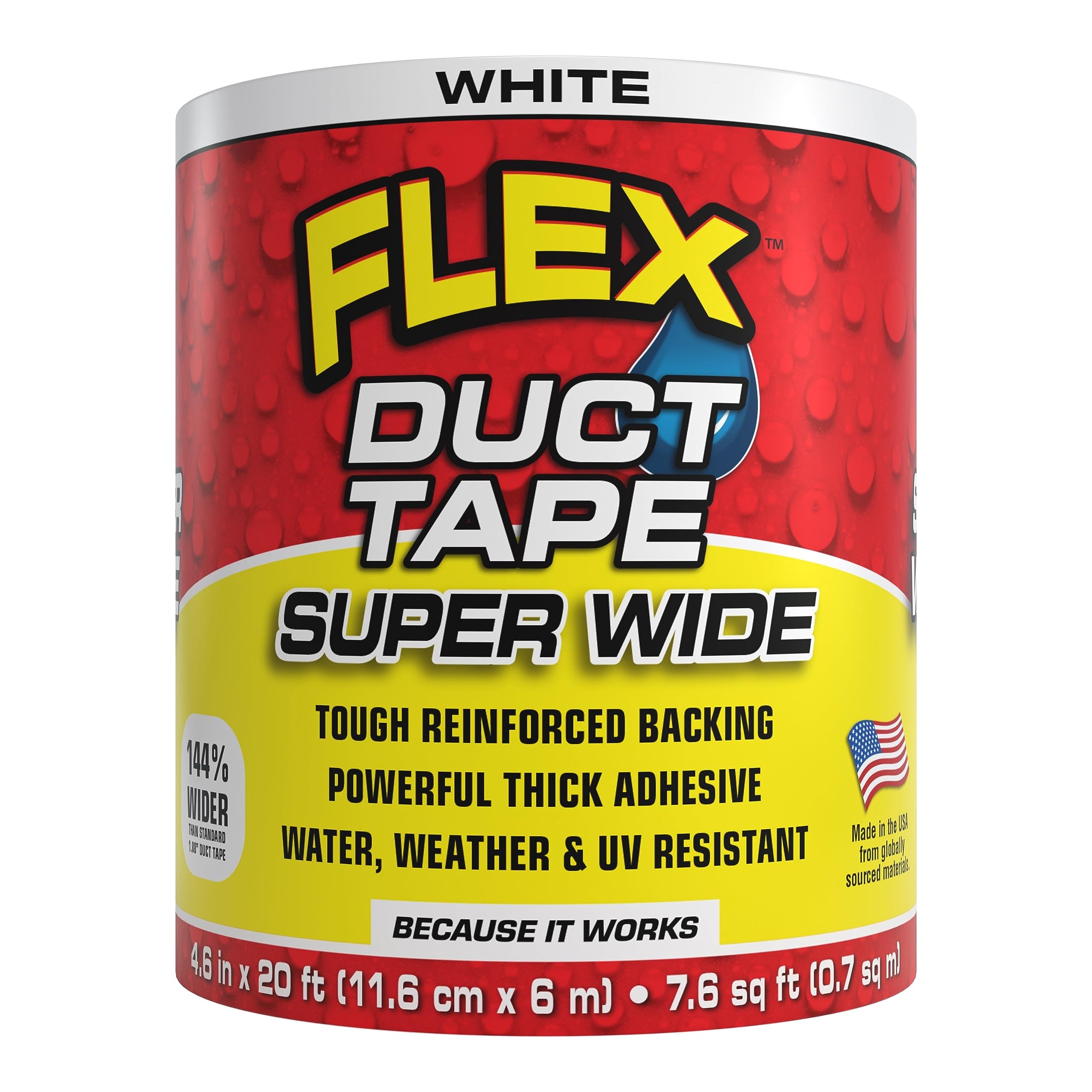 Super Wide Flex Duct Tape, 4.6 Inches x 20 Feet, White, Heavy Duty Strong, Multi-Surface, Water, Weather and UV Resistant, Tearable, Perfect for Boxes, No Residue