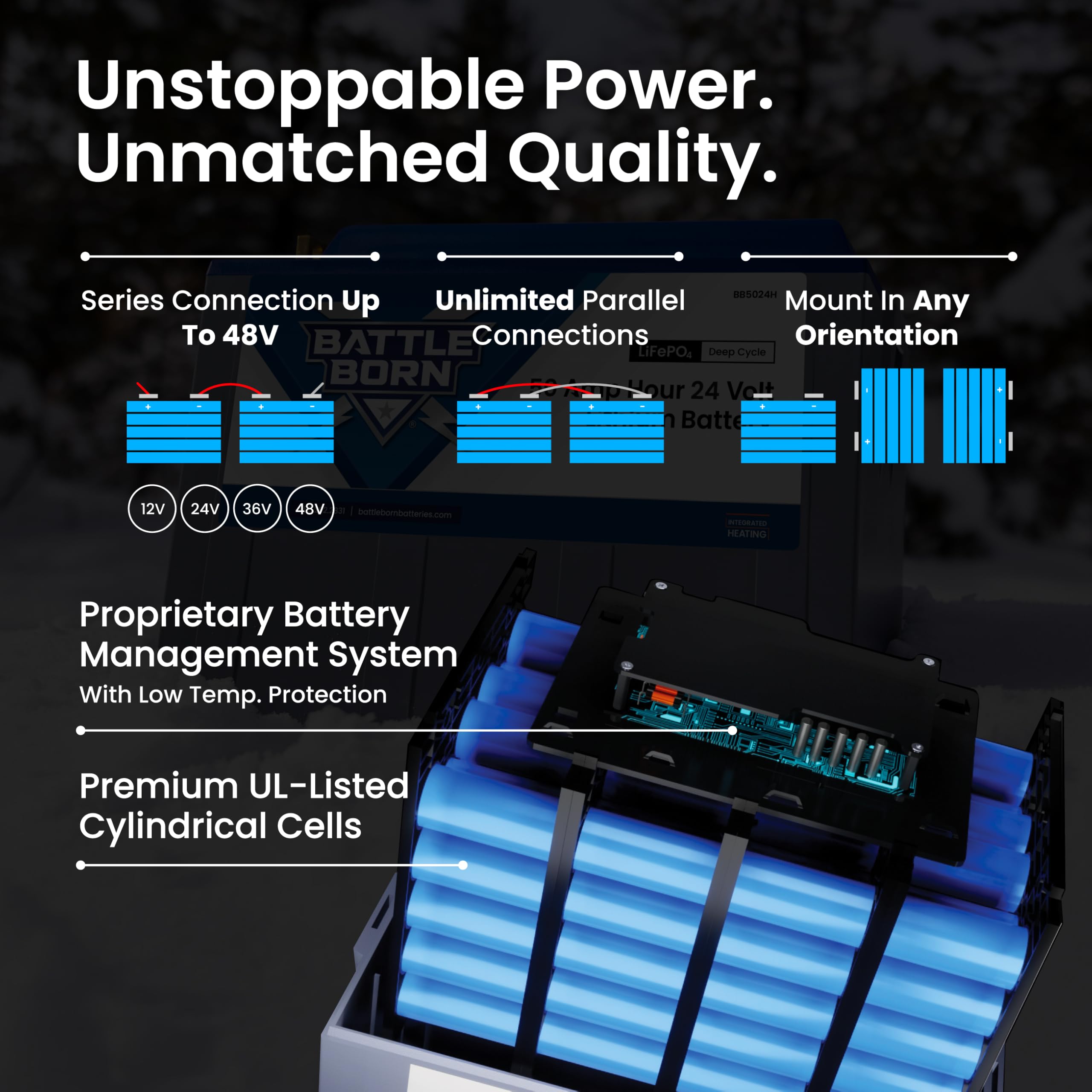 24V 50Ah Heated Lithium-Ion (LiFePO4) RV, Marine, Solar, & Off Grid Battery - Integrated Heating Technology - Internal BMS, High & Low Temperature Protection - Battle Born Batteries