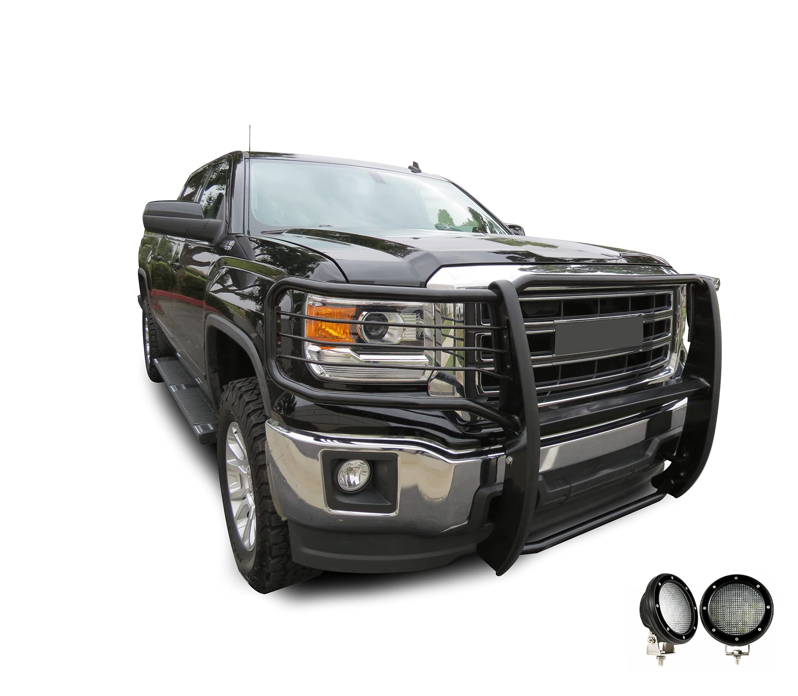Black Horse Grille Brush Bumper Guard Modular Come with 5.3" Dia.LED Lights Pair with Black Trim Rings Compatible with 2019-2022 GMC Sierra 1500 Limited|2014-2018 GMC Sierra 1500-17GS12MA-PLFB