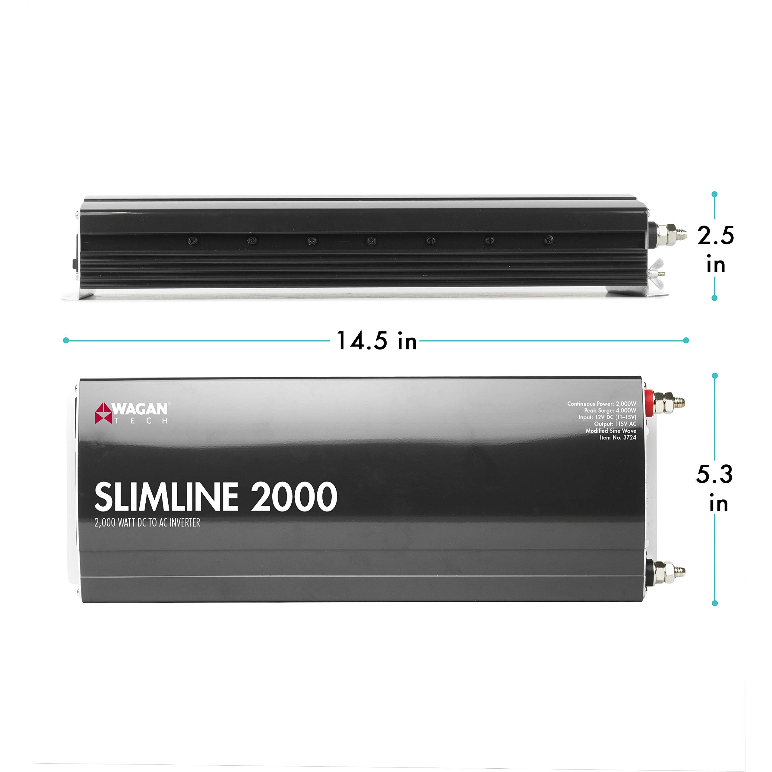2000W Wagan Slim Line AC to DC Power Inverter 2000W TrueRated Continuous 4500W Surge Power DC 12V to AC 110V Power Inverter with 3 AC Outlets and 2A USB Charging Port