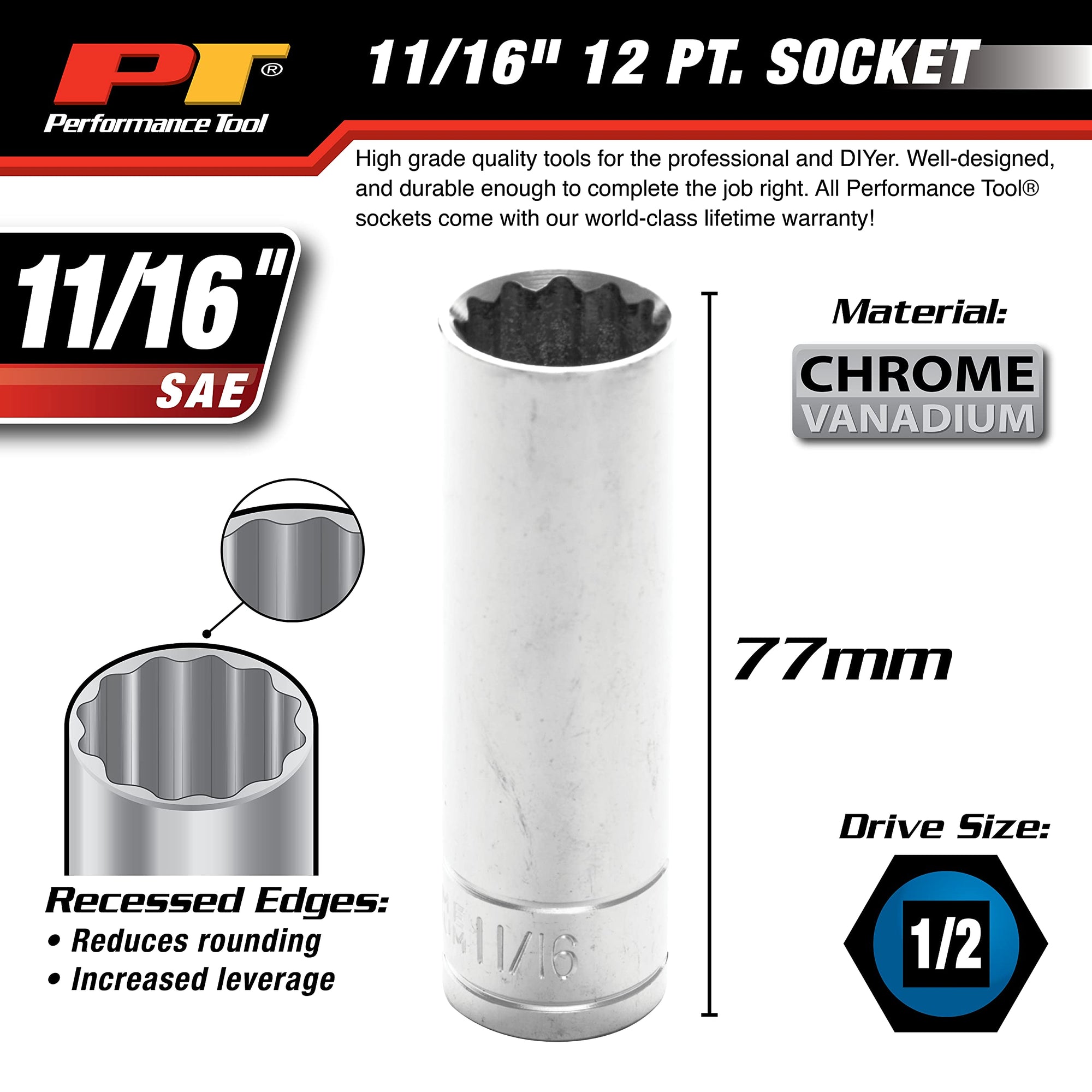 W32622 Performance Tool 1/2 Drive 12-Point Socket, 11/16