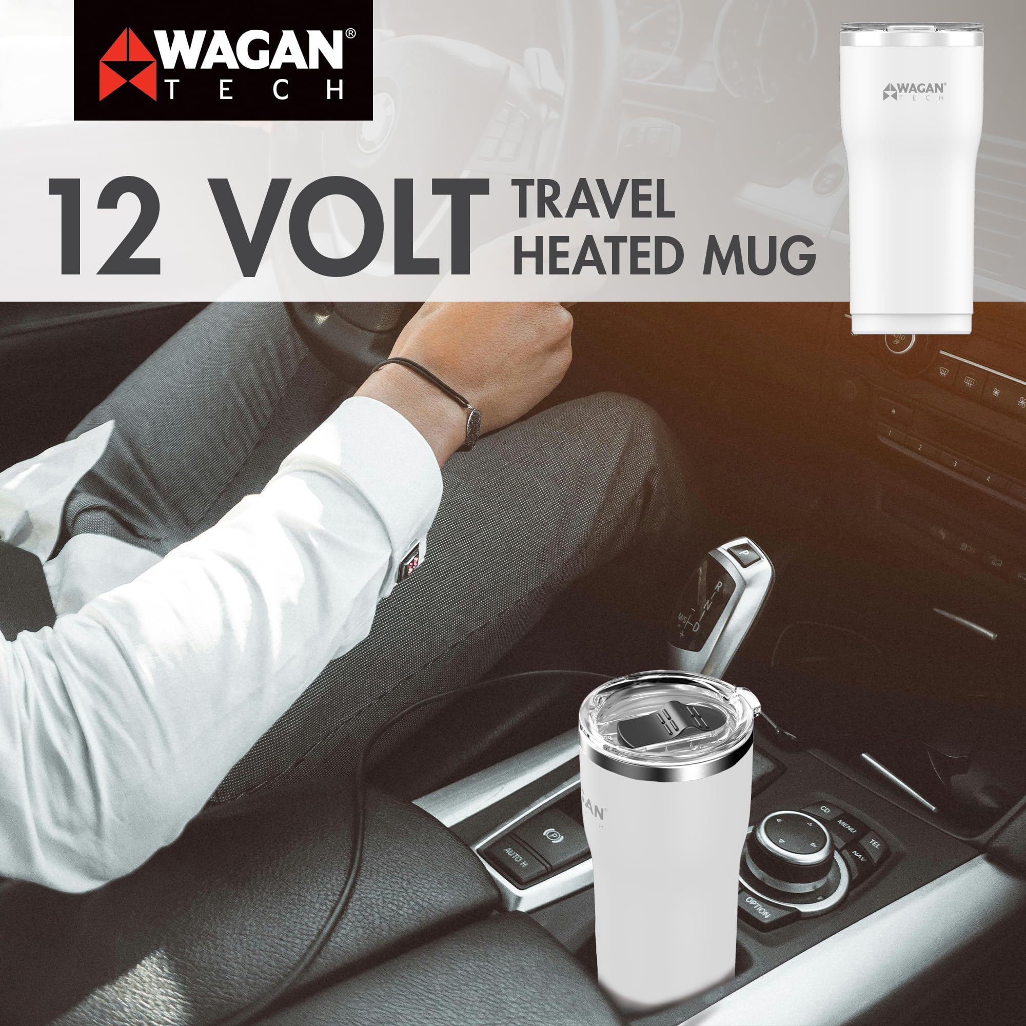 12V Travel Car Wagan EL6102 Heated Mug Portable 16oz Stainless Steel Anti-Spill Lid Slip resistant base Car Coffee Warmer Coffee Cup USB–C PD20W 12V DC (White)