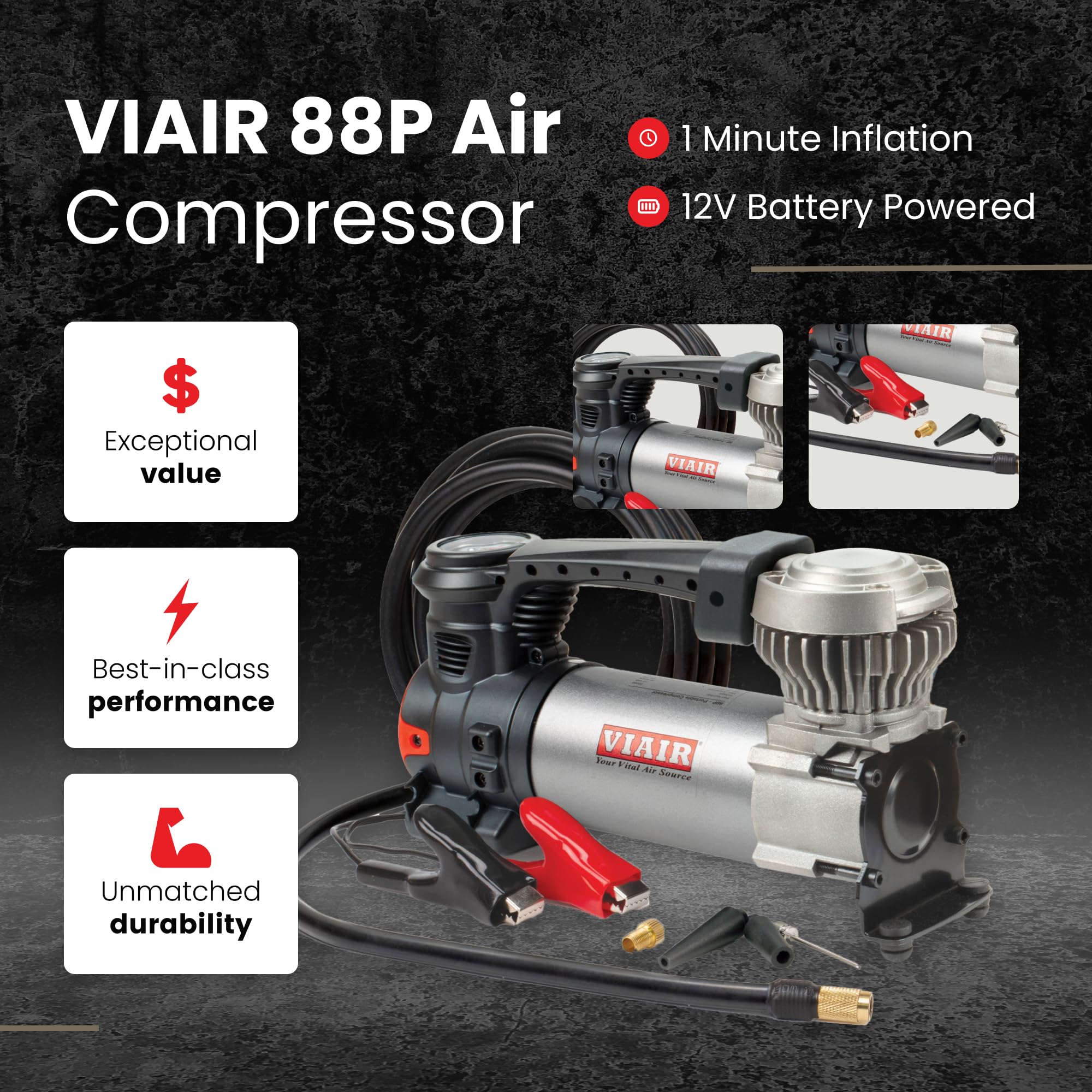 Tire Inflator VIAIR 88P - 00088 Portable On/Offroad Air Compressor for Car, Truck, SUV & RV | 12V Heavy Duty Pump 120 PSI, Alligator Clip, Twist Chuck