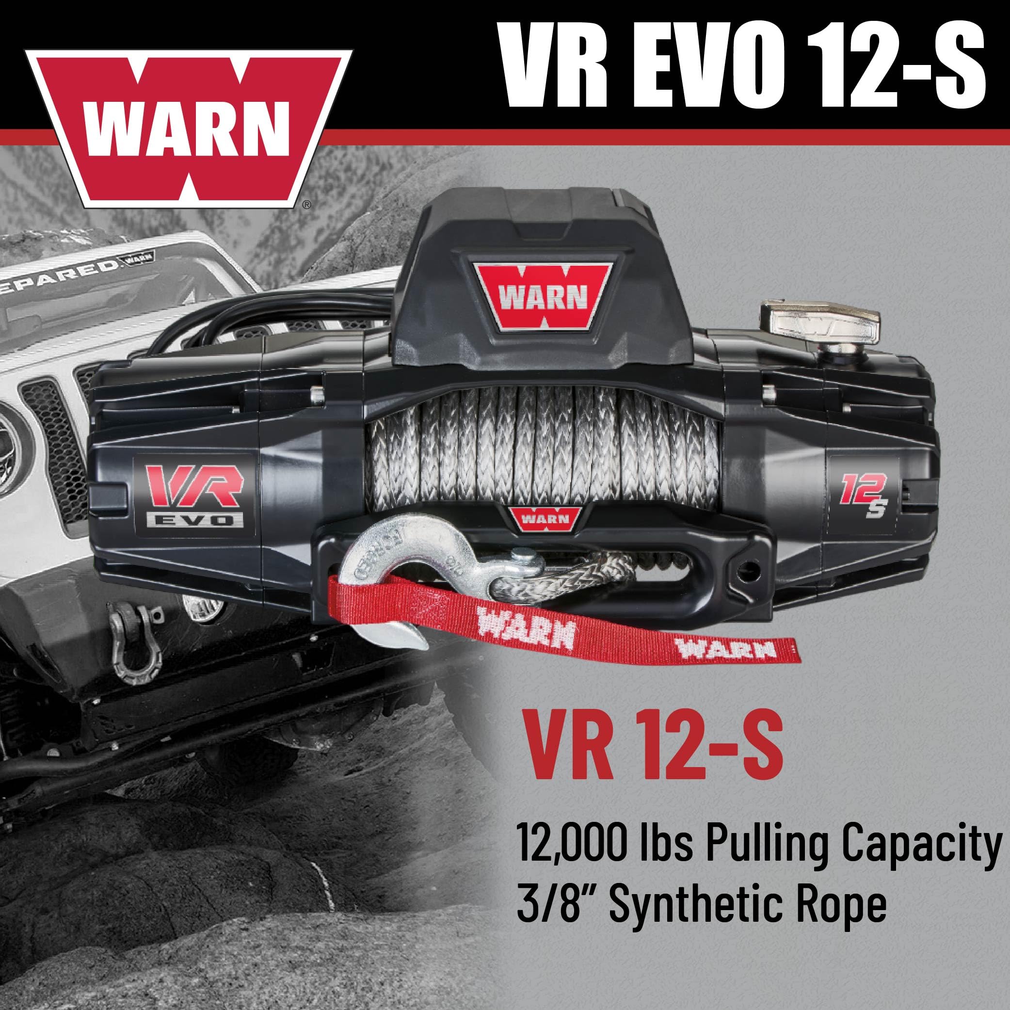 12-S WARN VR EVO Electric 12V Winch – 12,000 lb Pull Capacity, Synthetic Rope, IP68 Waterproof, High-Performance Off-Road Recovery Winch for Trucks, Jeeps, and SUVs