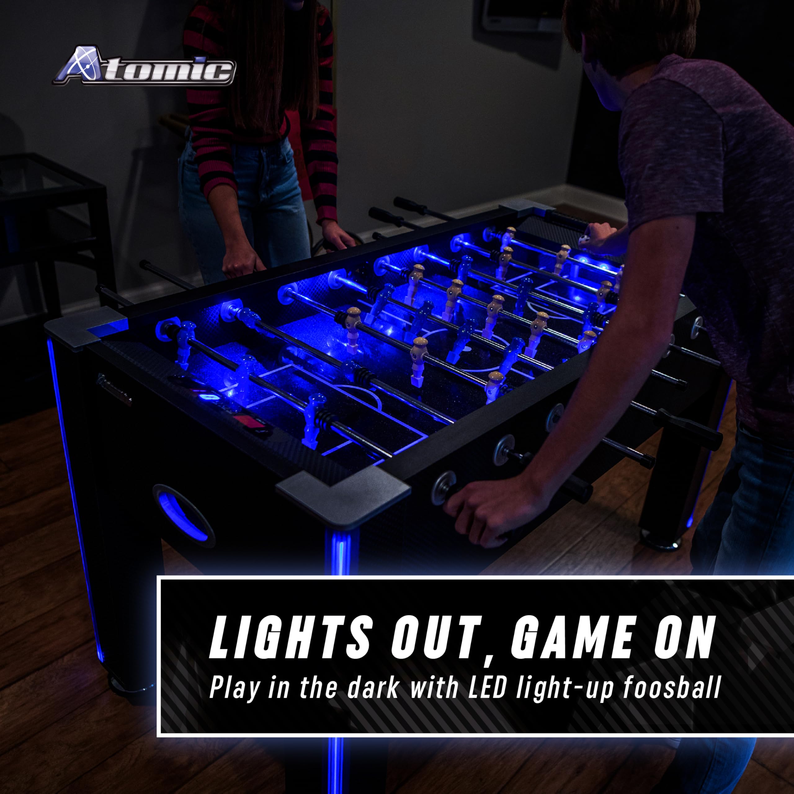 Azure Atomic LED Foosball Table – Light Up Arcade-Style Game with Interactive Inrail LED Lighting, Cascading Effects, Music, Electronic Scoring, 47” x 27” Durable Playfield