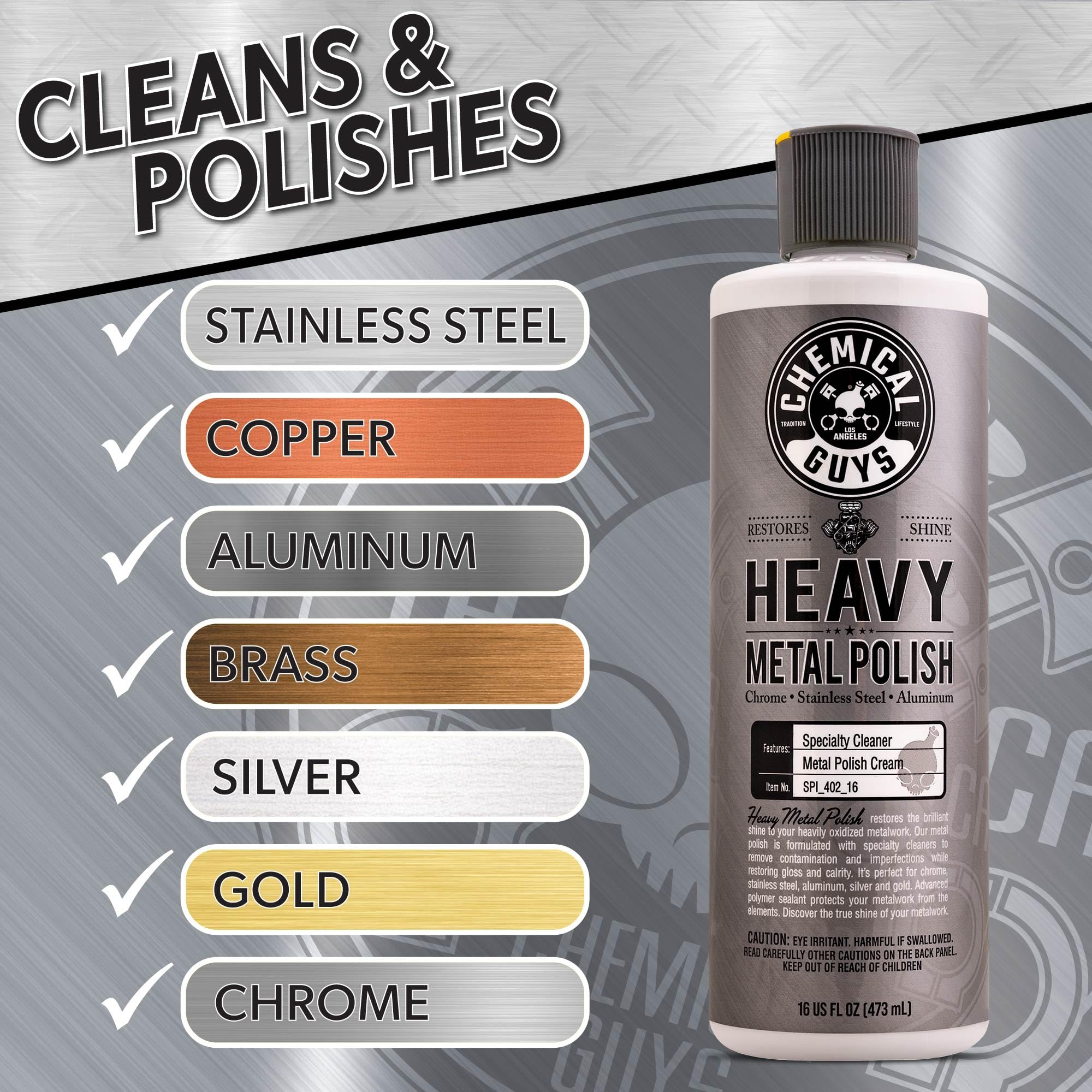 Chemical Guys Heavy Metal Polish Restorer and Protectant - Cleans, Protects & Restores, Aluminum, Stainless Steel, Chrome Polish & More, Safe for Cars, Trucks, Motorcycles, RVs, and Boats - 16 oz