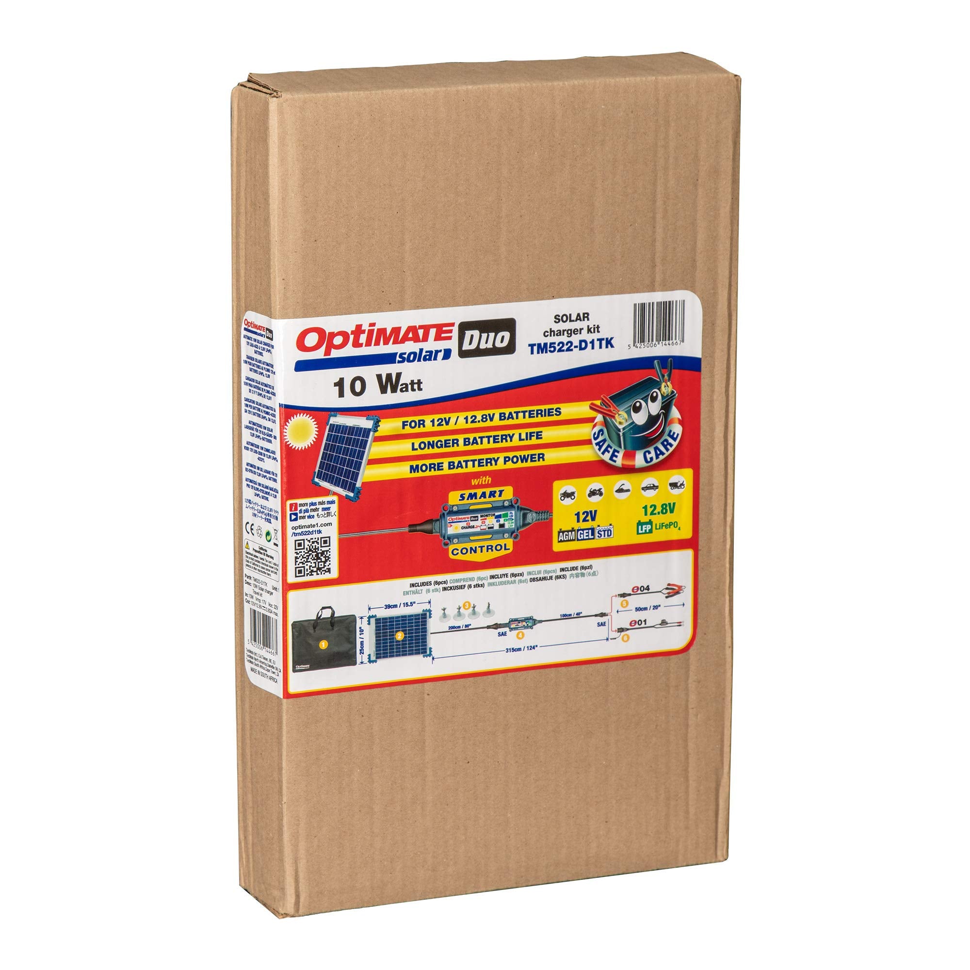 Optimate Duo Solar 10W Travel kit, TM522-D1TK, 6-Step 12V / 12.8V 0.8A Weatherproof Charger & Battery Saving maintainer