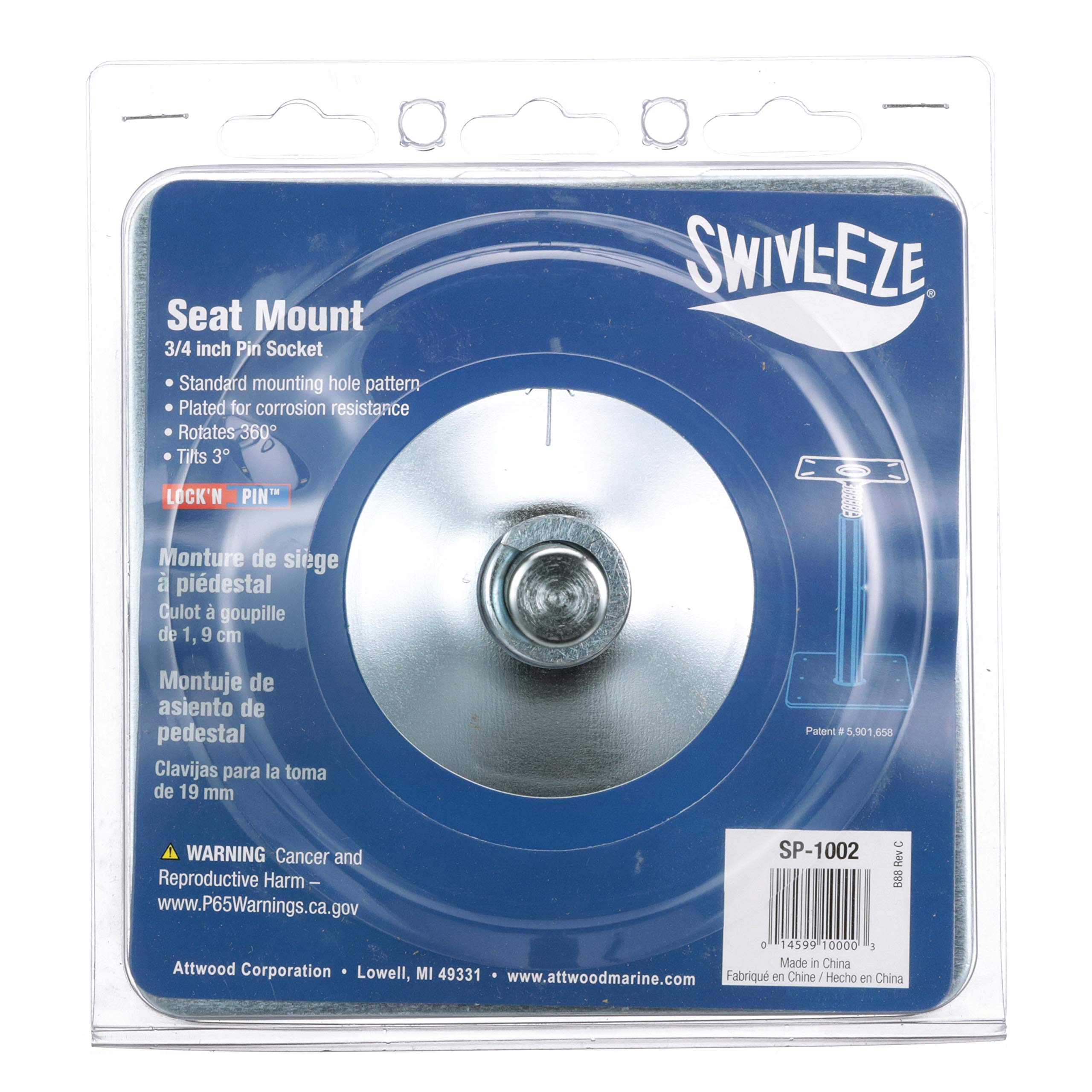 Attwood ¾-Inch Pin Lock’N’Pin SP-1002 Seat Mount, 2 ¾-Inch Steel Pin With Spring, 3-Degree Tilt, 2-Inch Installed Height