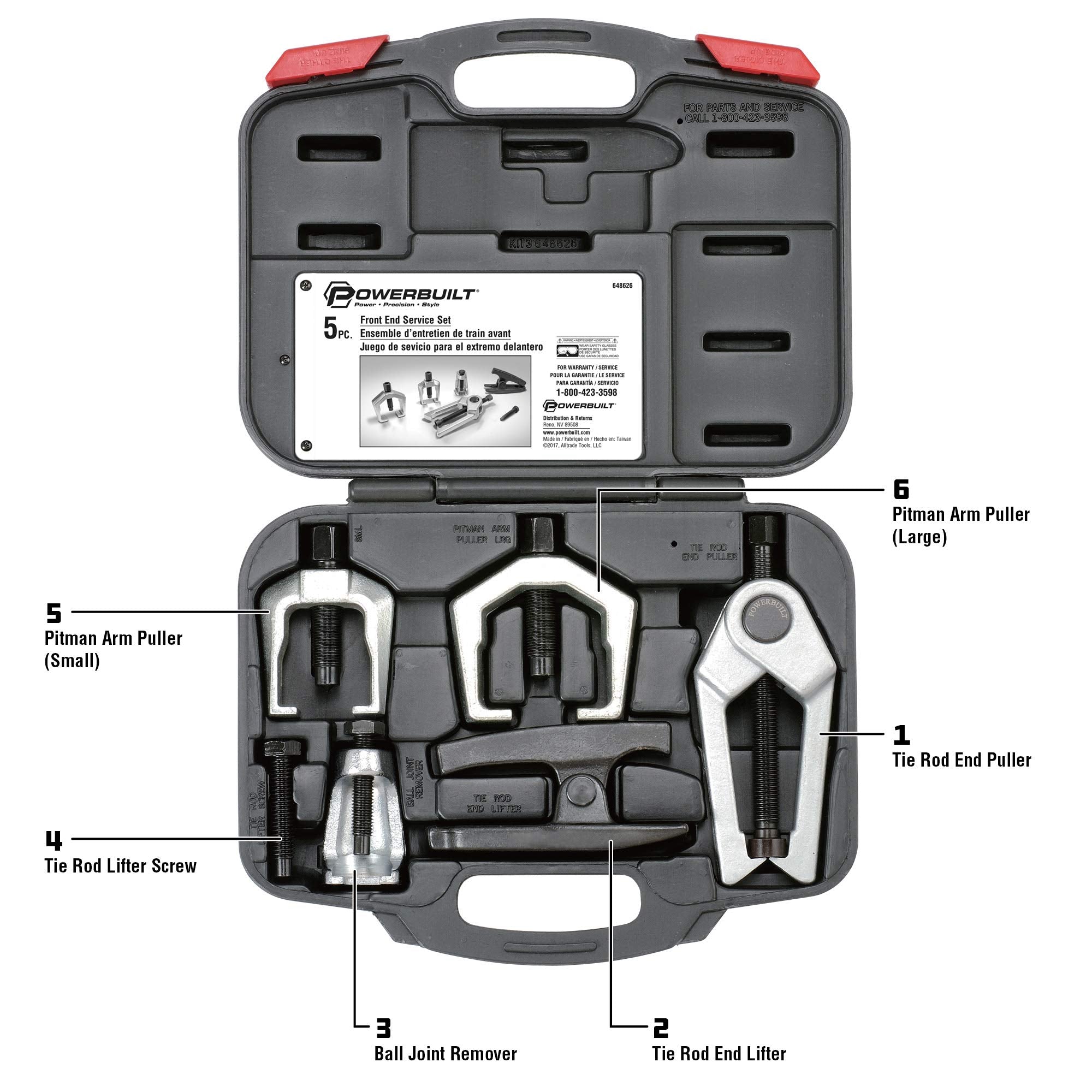 Powerbuilt Vehicle Service Kit Front End, Tie Rod End Puller, Car and Truck Ball Joint Remover, Pitman Arm Puller, Tie Rod Removal Tool for Suspension Maintenance - 648626