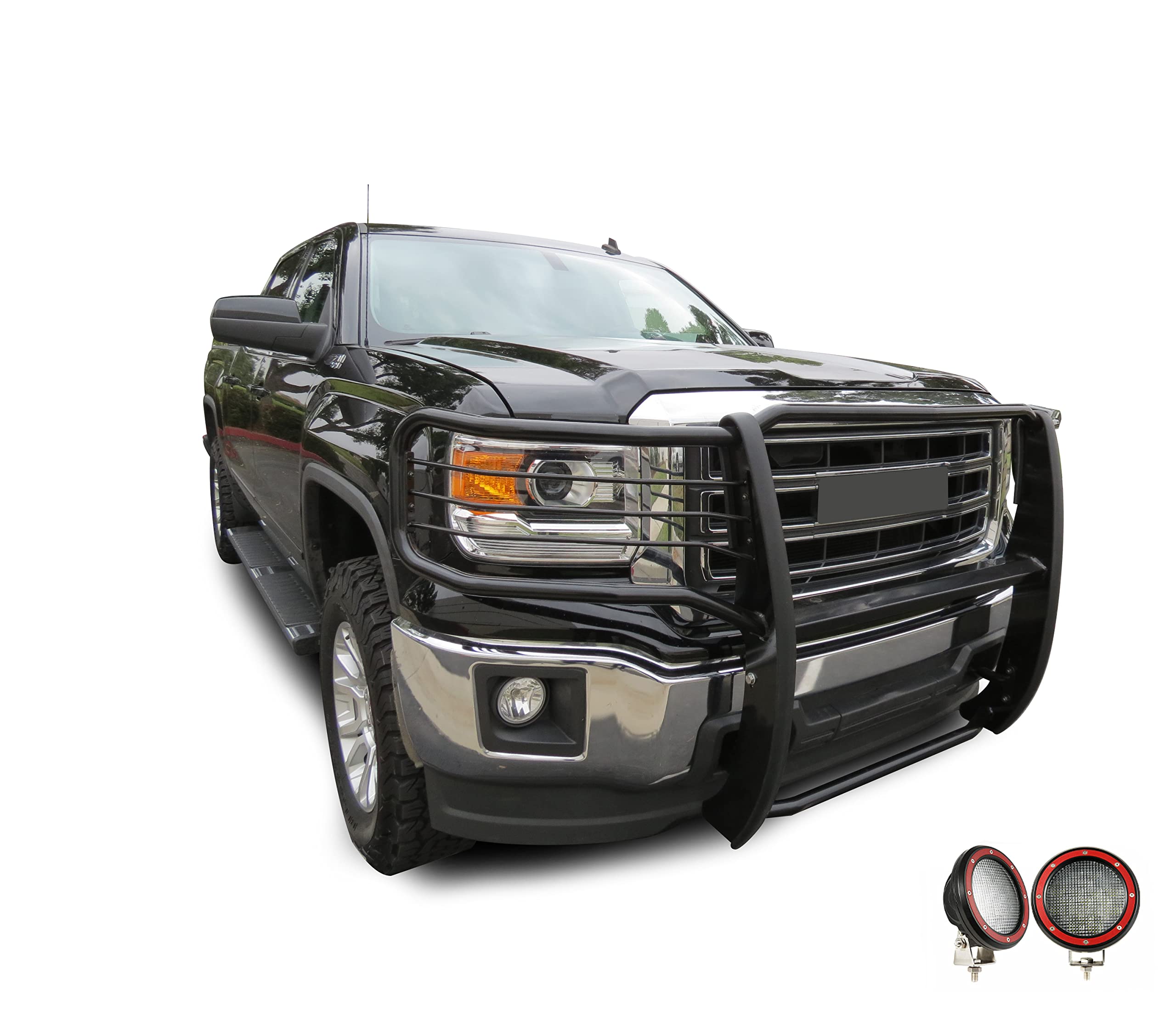 Bumper Guard Black Horse Grille Brush Modular Black Come with Pair of 5.3" Dia.LED Lights with Red Trim Rings Compatible with 2019-2022 GMC Sierra 1500 Limited|2014-2018 GMC Sierra 1500-17GS12MA-PLFR