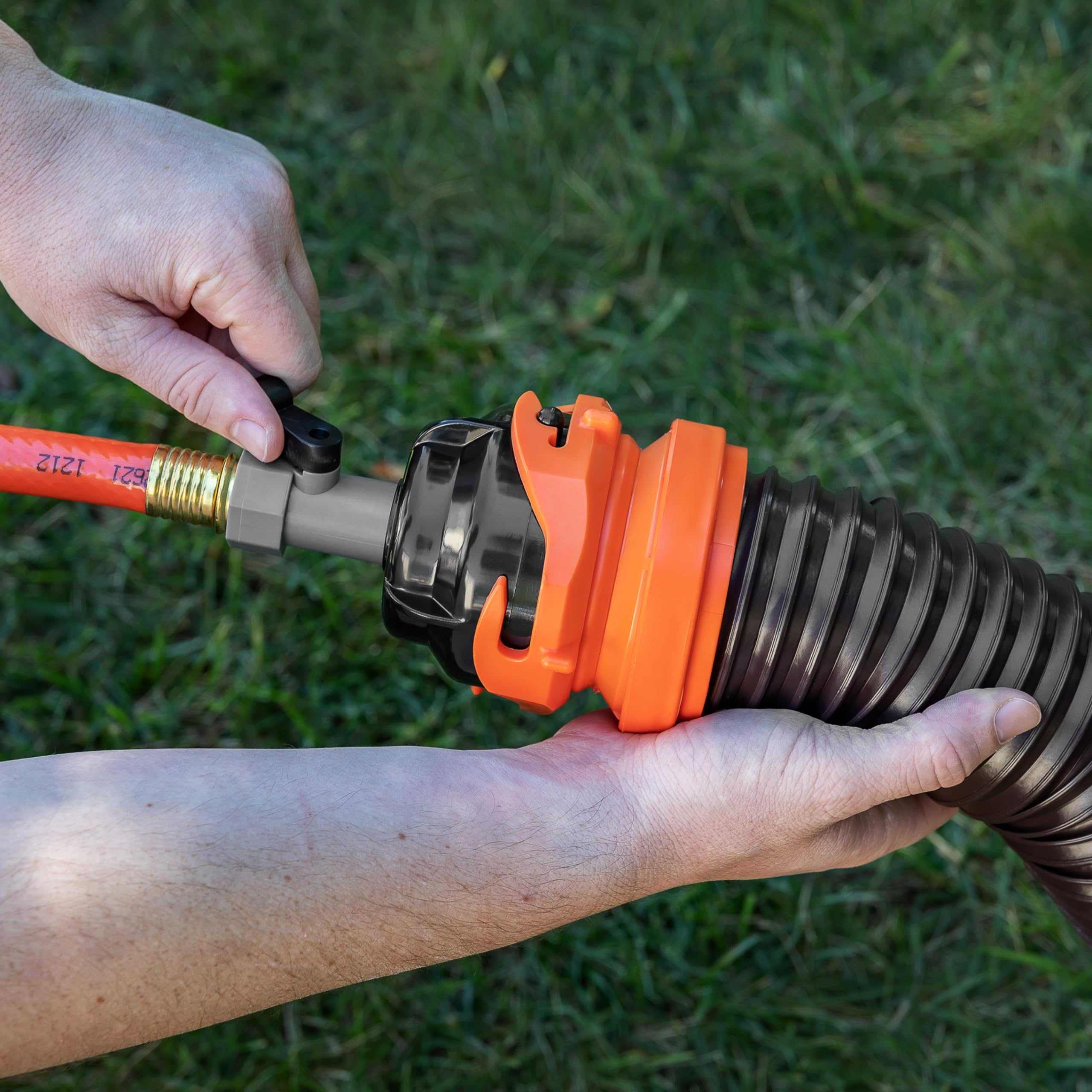 Camco 10-Ft RhinoFlex RV Clean-Out Gray/Black Water Hose with Rinser Cap | Features 4-Way Water Pressure Blaster & Water Shut-off Valve | Great for Cleaning Camper Black Water Tanks & More (22999)