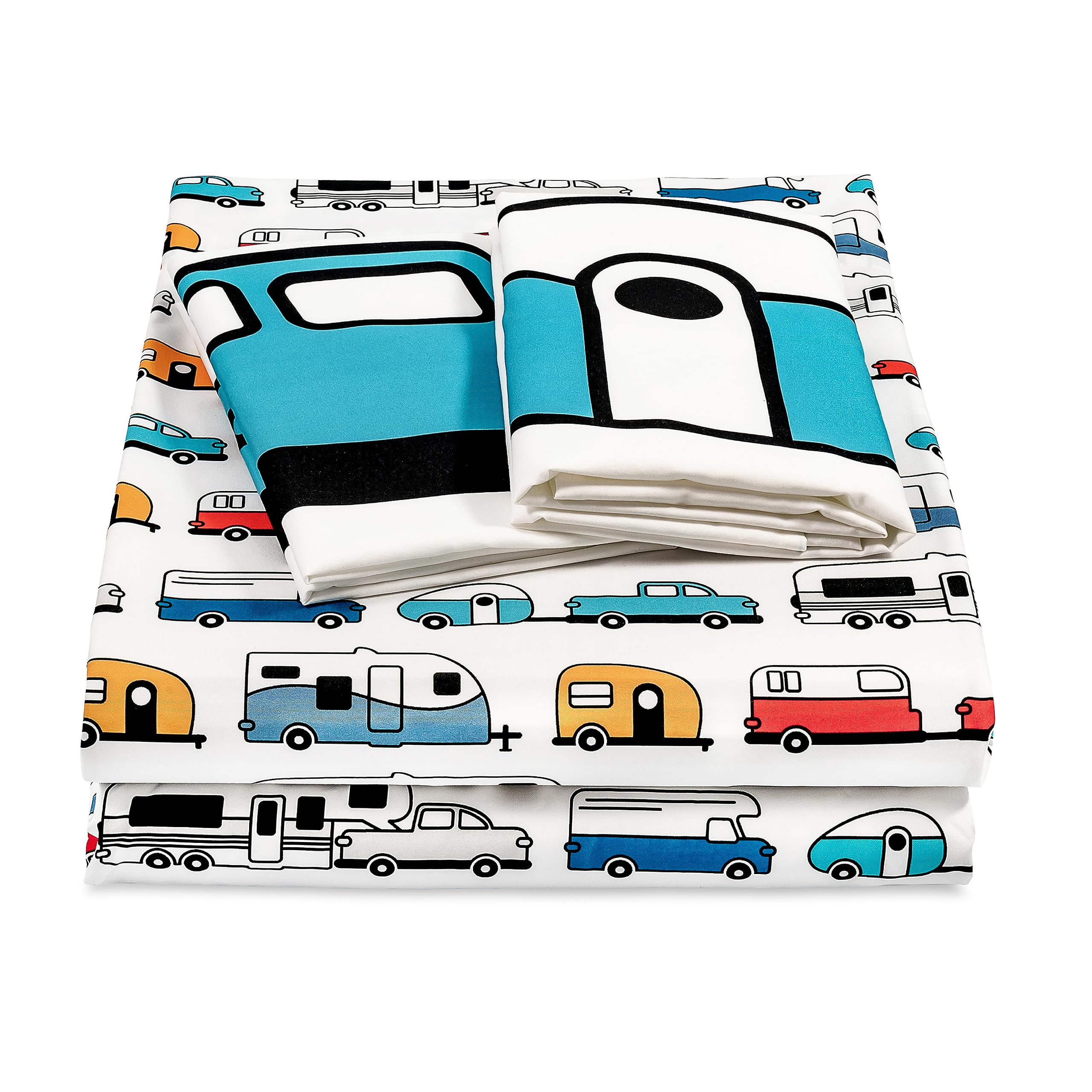 Camco Queen Sheet Set & RV Camper - Features Travel Trailer Print Design - Crafted of Soft Machine Washable Polyester - 4 Piece Set Includes Fitted Sheet, Flat Sheet, & 2 Pillowcases (53299)