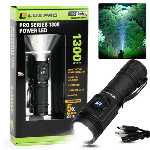 Pro Series LUXPRO LED Rechargeable High Lumens Flashlight - Compact, Waterproof Design w/ 3 Modes - Bright Flashlight for Outdoor, Emergency, Camping w/Smart Button - 1300 Lumens - XP703