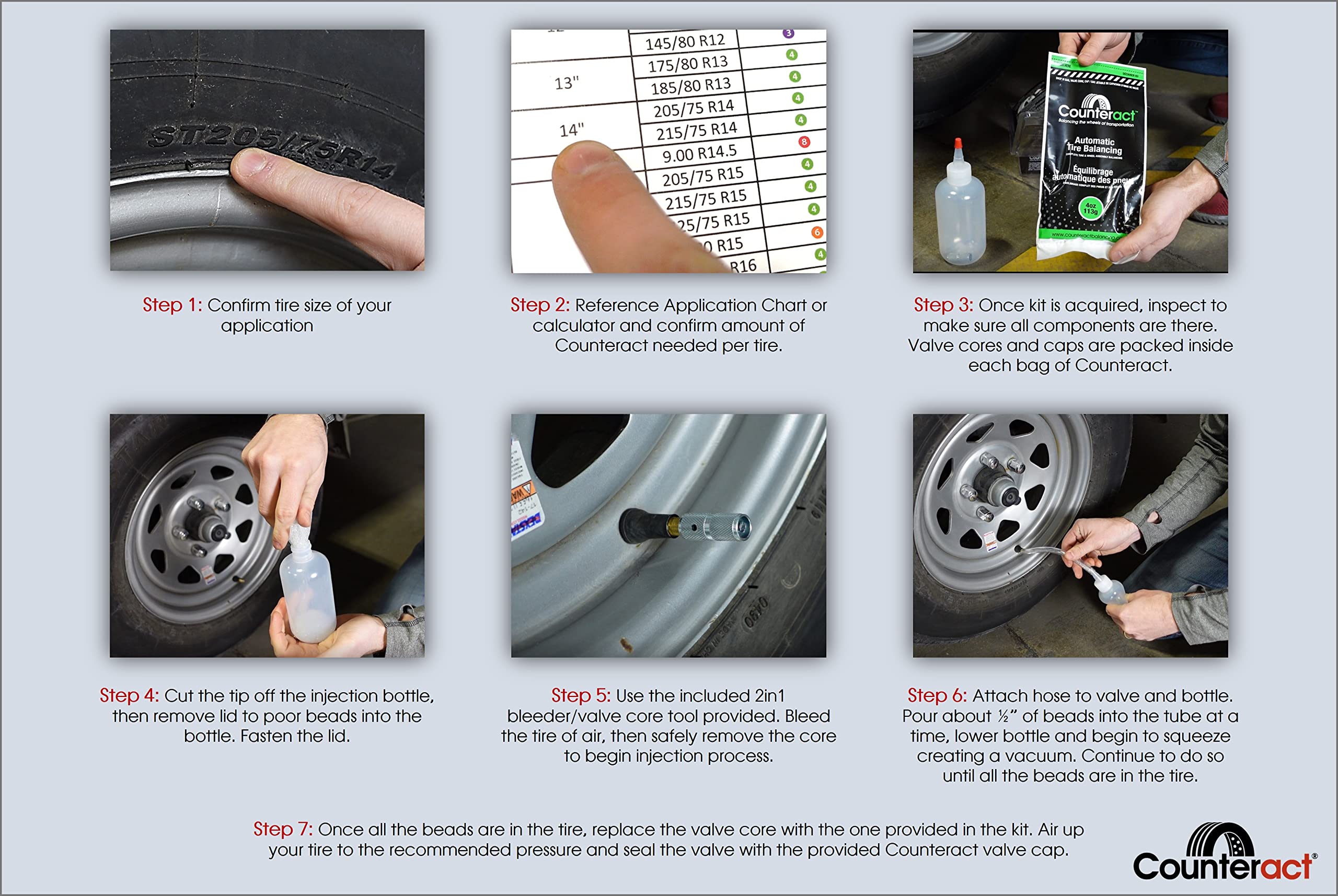 DIY Tire/Wheel Balancing Beads Kit Counteract DIYTK4-2 – for All Trailers, Includes (2) 4oz Bead Bags, (2) Valve Caps & Cores, (1) Core Remover, & Injector Bottle