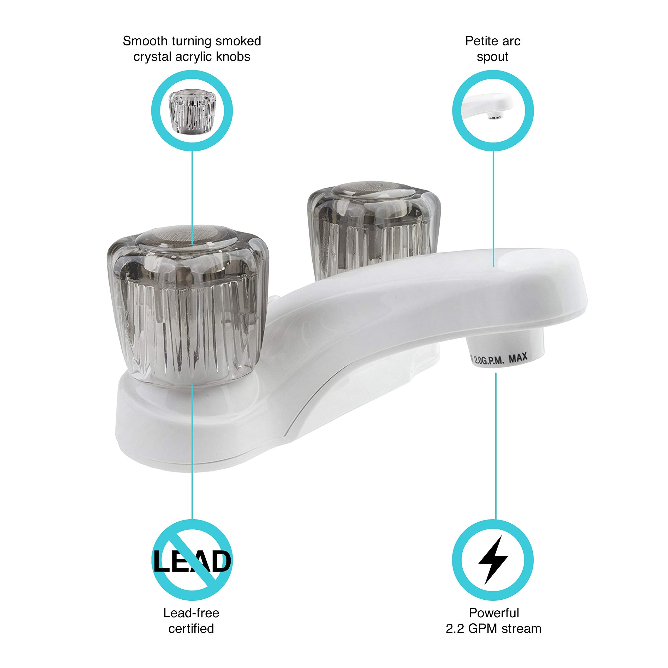 Dura Faucet RV Bathroom Faucet DF-PL700S-WT with Smoked Acrylic Knobs (White)