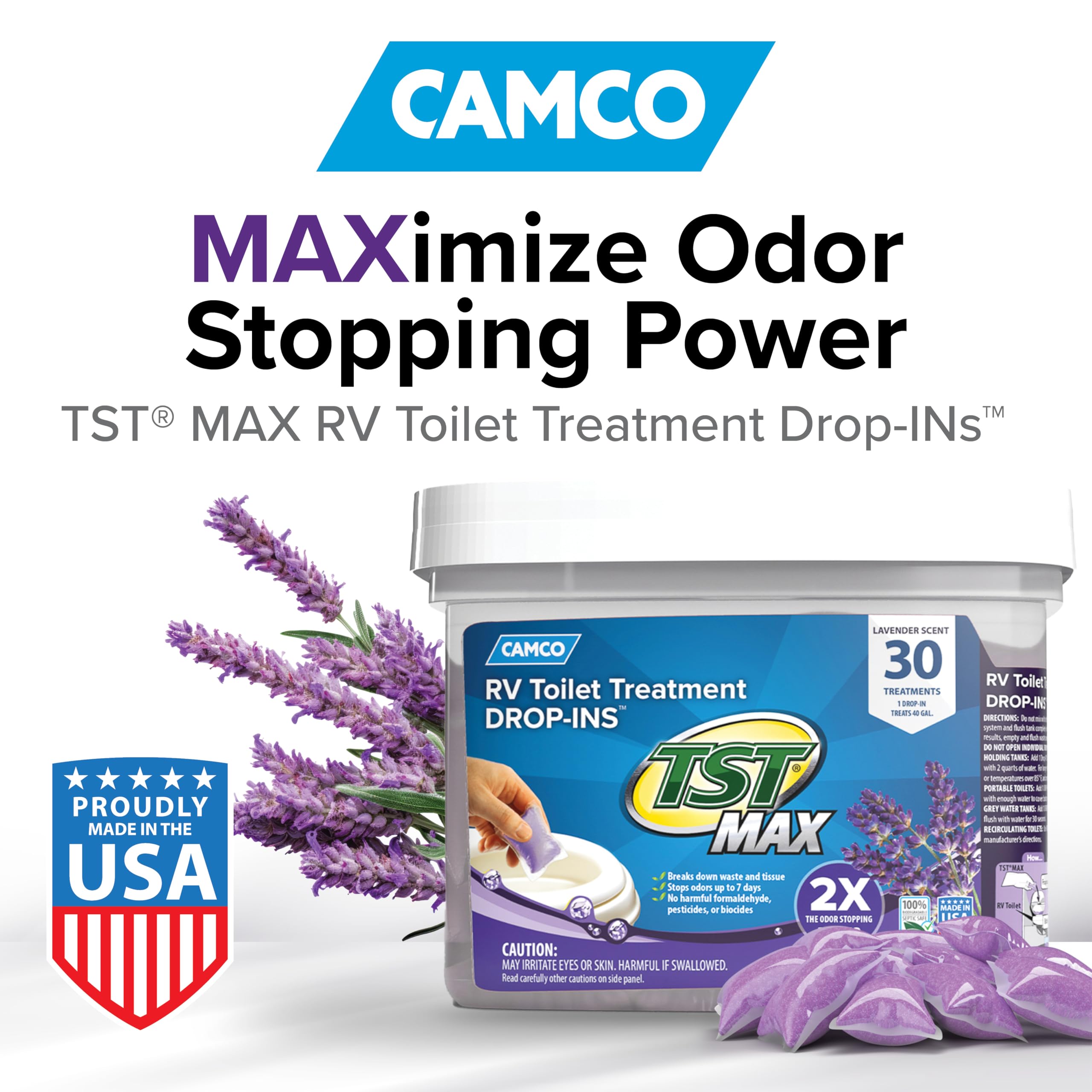 Camco TST MAX Drop-INs RV Toilet Treatment - Control Unwanted Odors and Break Down Waste and Tissue - Septic Tank Safe - Lavender Scent - 30-pack (41553)