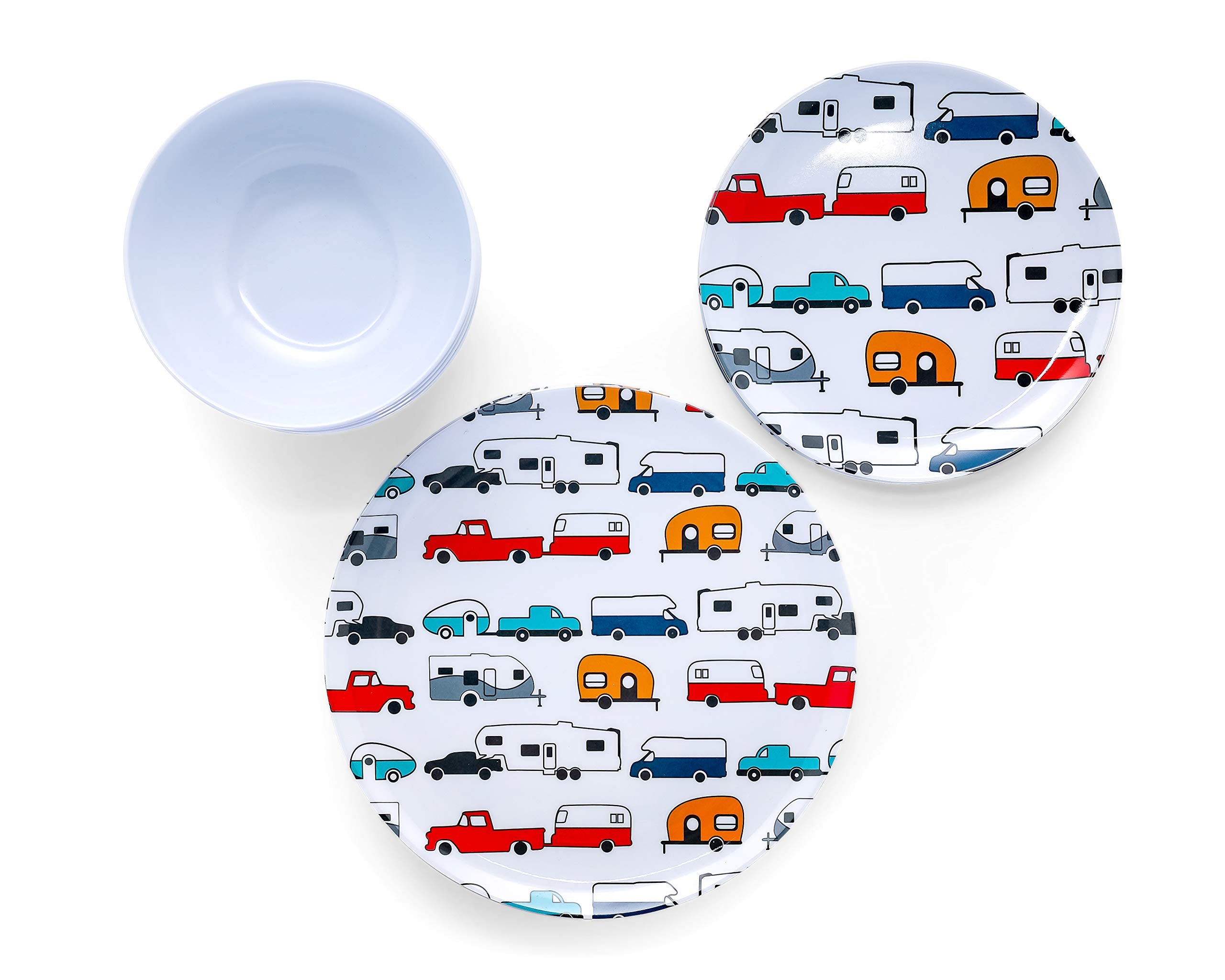 Camco Dishware Set Life is Better at the Campsite | Includes (4) large dinner plates, (4) small salad plates and (4) bowls | Top rack dishwasher safe | Multi-color RV and truck design (53295)