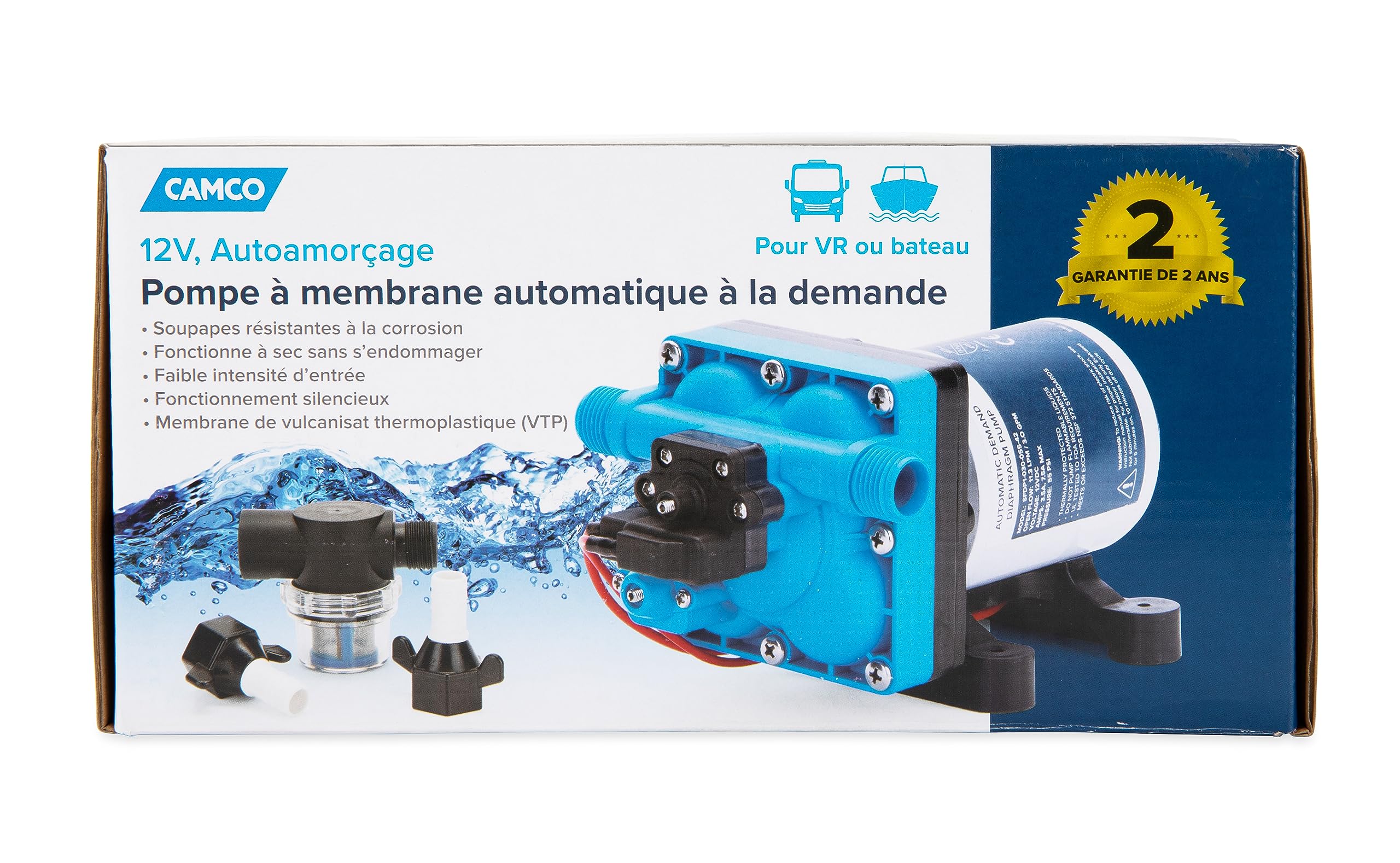 Camco Variable Flow RV/Marine Automatic Demand Diaphragm Water Pump | 12 Volt DC | 3.0 GPM Flow Rate with a 55-PSI Cutoff | Measures 8-inches (L) x 5-inches (W) x 4-3/8-inches (H) | (22491)