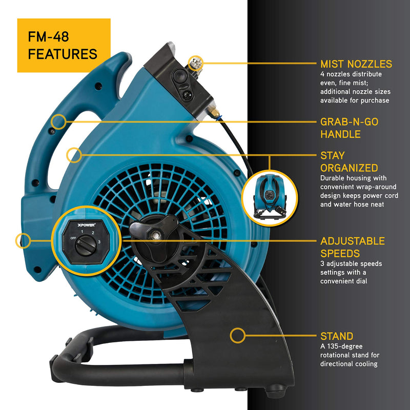 XPOWER FM-48 Misting Fan, Outdoor Cooling, Heavy Duty, Powerful, High Velocity, 3-Speed, Ideal for Camping, Patios, Picnics, & More