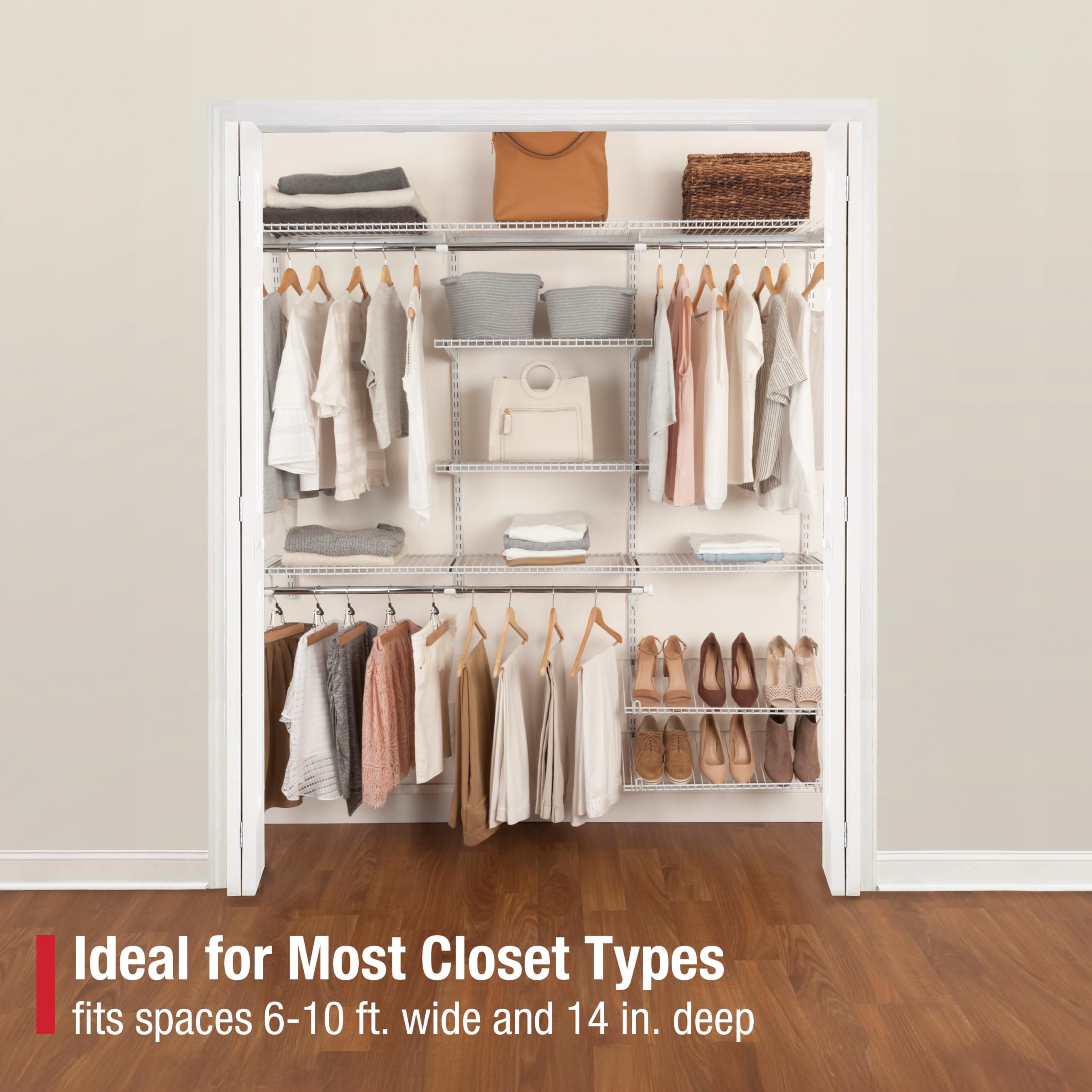 Rubbermaid Configurations Closet Kit Custom 6-10 Ft. Adjustable Metal Wire Shelving White Finish Expandable Organization System Hardware Included for Home Closet/Pantry/Laundry/Mudroom
