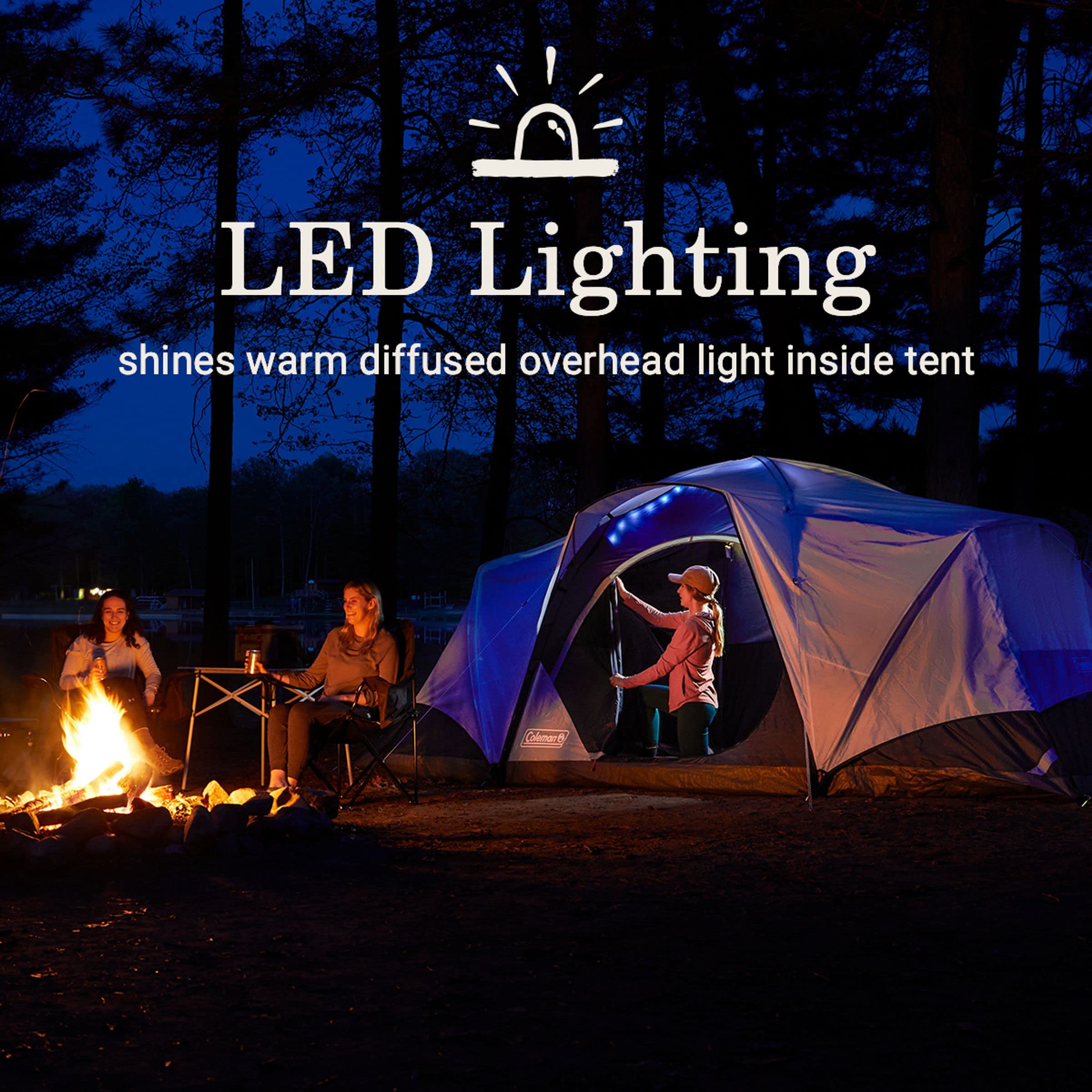 Coleman Camping Tent Skydome with LED Lights Weatherproof 4/8 Person Family Tent Includes Pre-Attached Poles Rainfly Carry Bag Ventilation and LED Lighting System Sets Up in 5 Minutes
