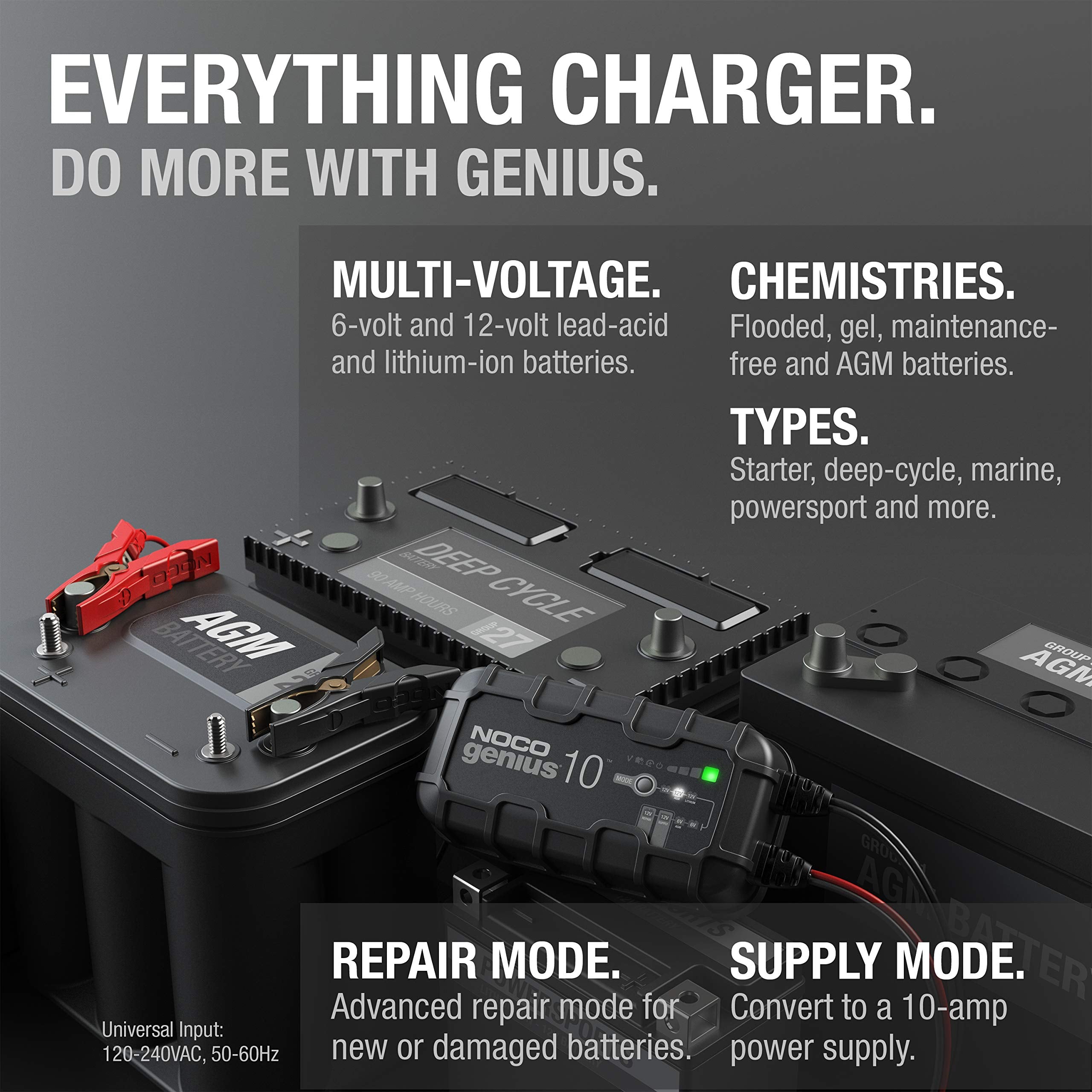GENIUS10 NOCO: 10A 6V/12V Smart Battery Charger – Automatic Maintainer, Trickle Charger & Desulfator with Overcharge Protection & Temperature Compensation – for Lead-Acid & Lithium Batteries
