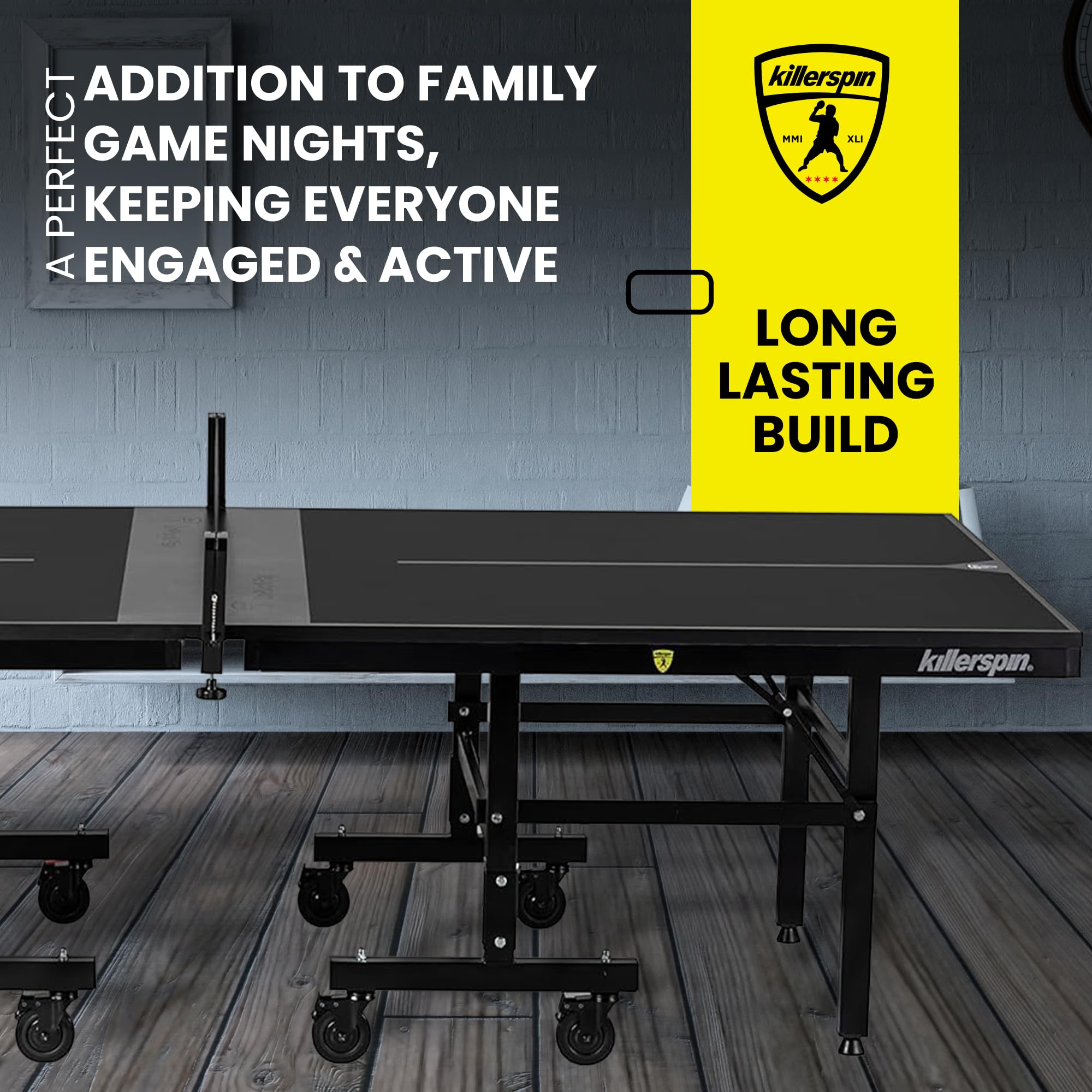Ping Pong Table Killerspin MyT 415X Mega, Foldable Table for Table Tennis, Portable Ping Pong Table Set with Built-in Paddle and Ball Storage, 25mm MDF Board Pingpongball Table, Jet Black Color
