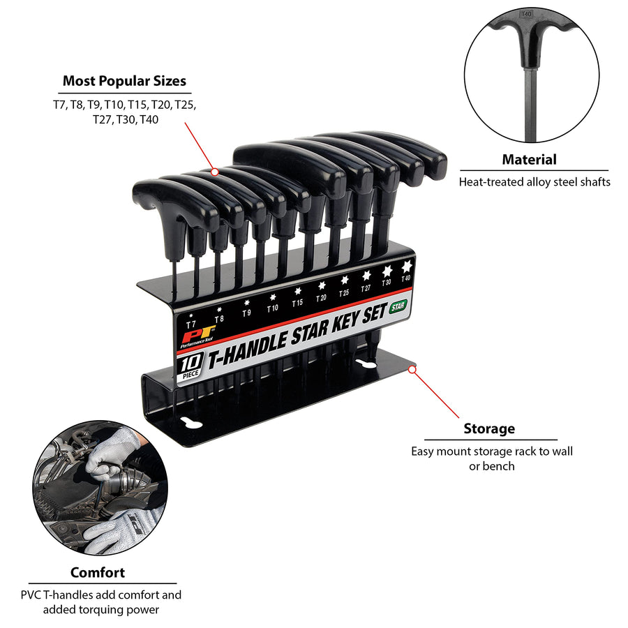 10-Piece Performance Tool Star T-Handle Allen Wrench Set, Long Arm Hex Key Wrench Set