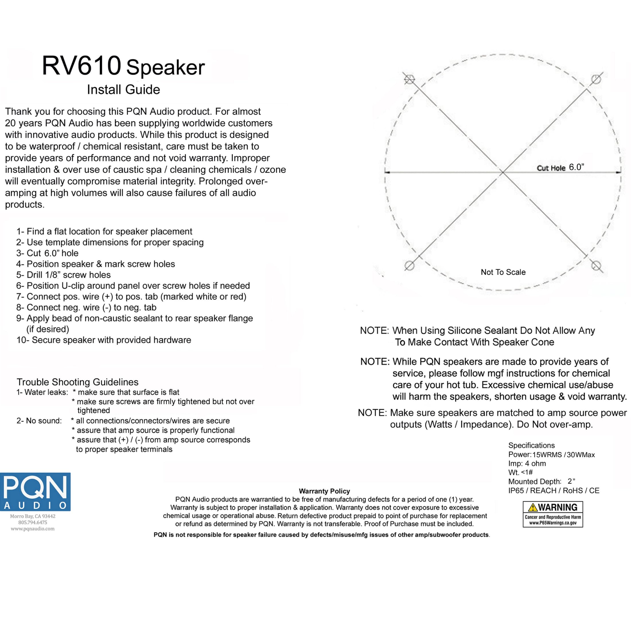 RV610-4W PQN Audio, 6 inch Dual Cone Waterproof Marine Speaker for Boat, RV, Camper and Golf Cart