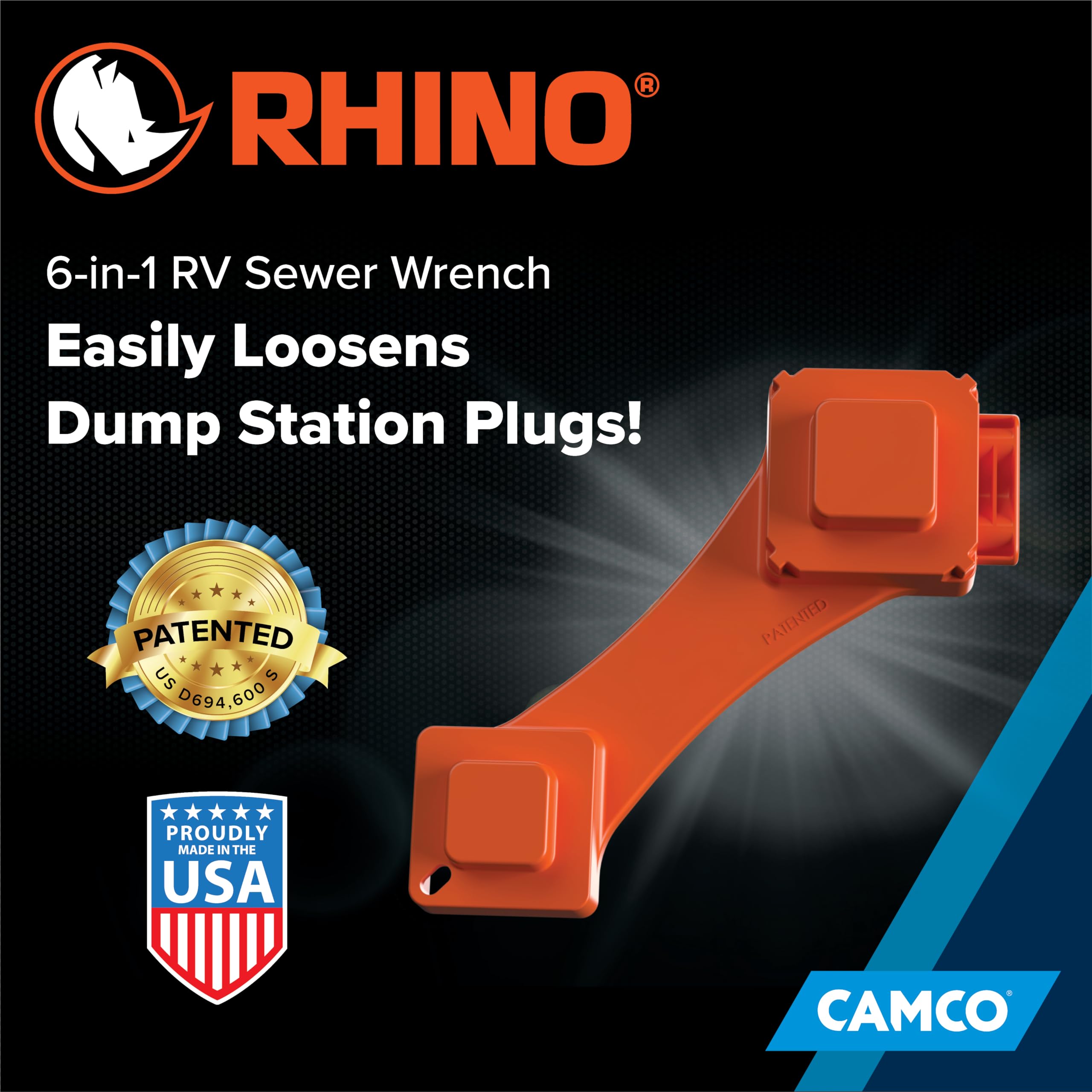 Camco 6-in-1 RhinoFLEX RV/ Camper Sewer Wrench - Compatible with 3-Inch and 4-Inch Male or Female Sewer Clean-out Plugs, Slotted or Flush Sewer Plugs, and All 4-in-1 Adapters (39755)