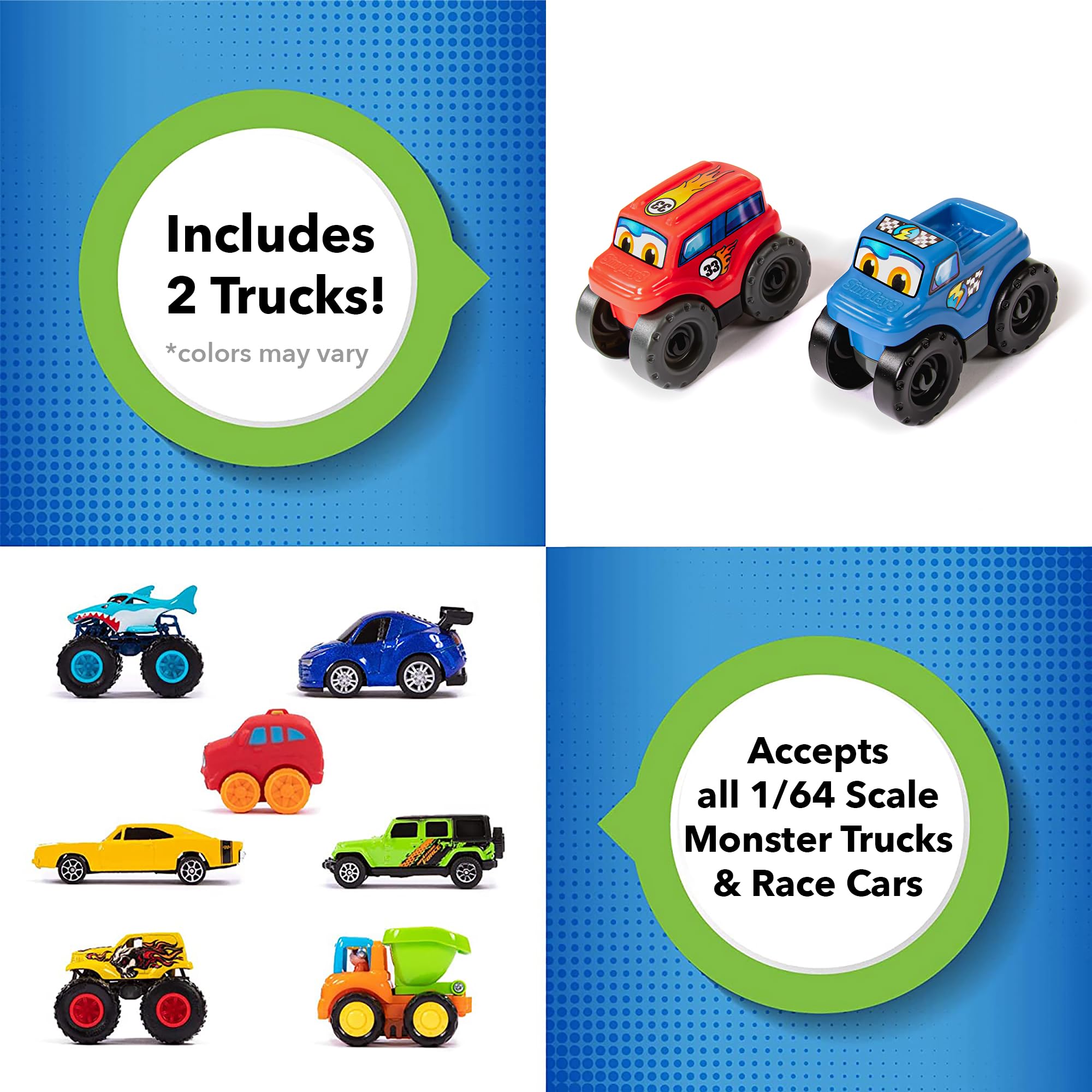 Simplay3 Extreme Wheels Monster City Car Race Track Table - 2 Sided Portable Kids Play Table with 2 Race Trucks - Green - Made in USA