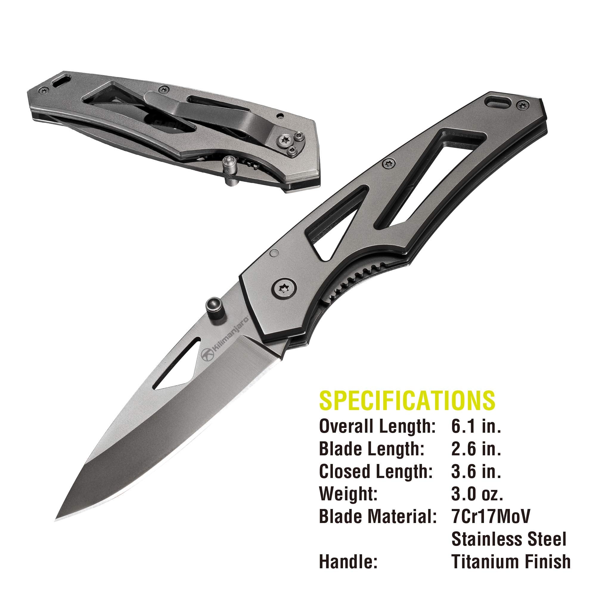 Kilimanjaro 6-Inch Vertice Folding Knife – 2.6" Drop Point 7Cr17MoV Stainless Steel Blade, Titanium Nitride Finish, Dual Thumb Stud, Liner Lock – 910061