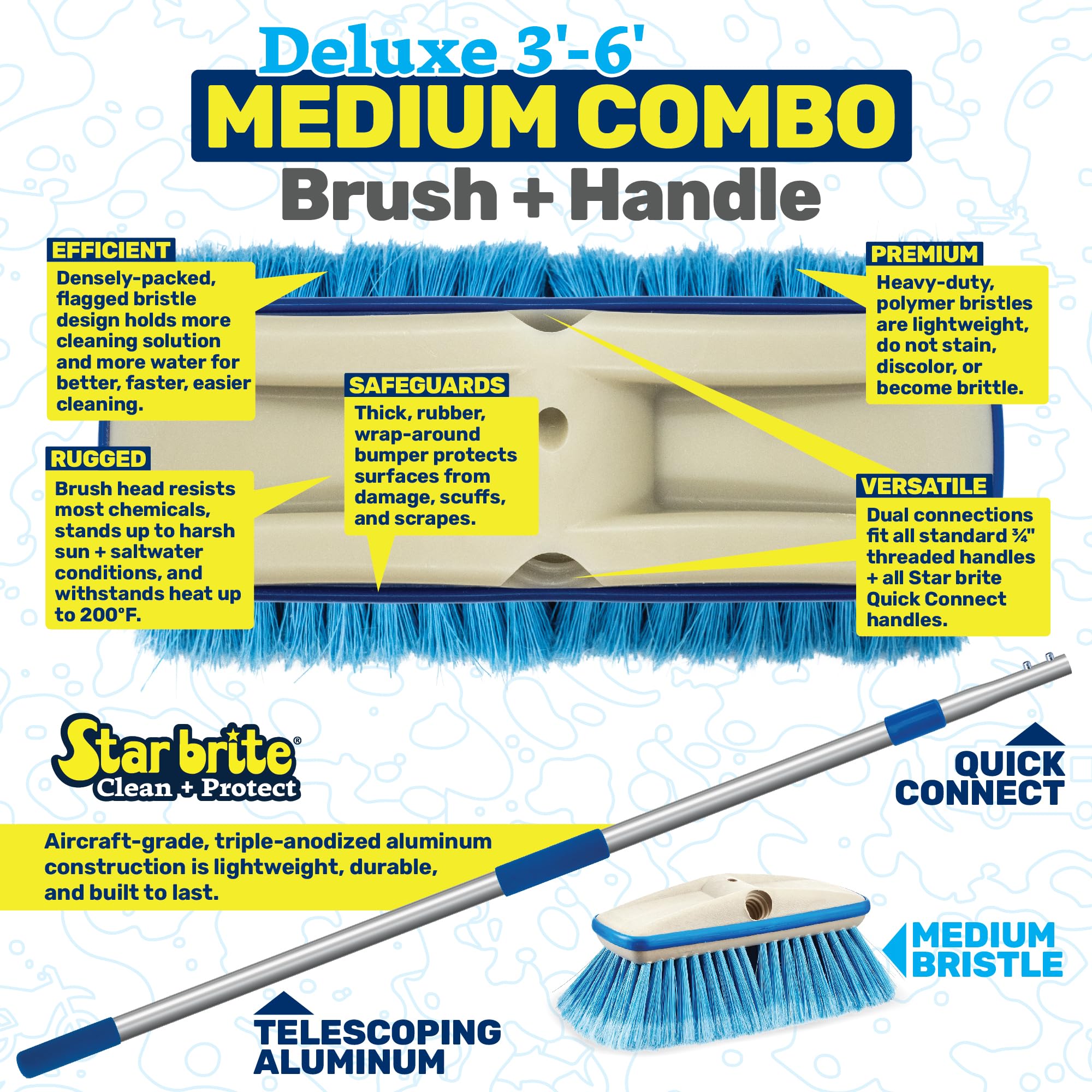 Deluxe STAR BRITE Telescoping Deck Brush Kit - Extendable Aircraft-Grade Aluminum Handle, Medium Multipurpose Bristles, Floats if Dropped, Ergonomic Design, Multi-Surface Cleaning - Blue (040192)