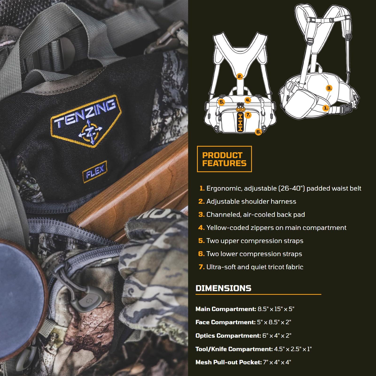 Flex Lumbar Pack TENZING, Mossy Oak Break-Up Country Durable Adjustable Lightweight Compact 650-cubic-inch Hunting Pack with 5 Compartments & 2 Organizational Pockets